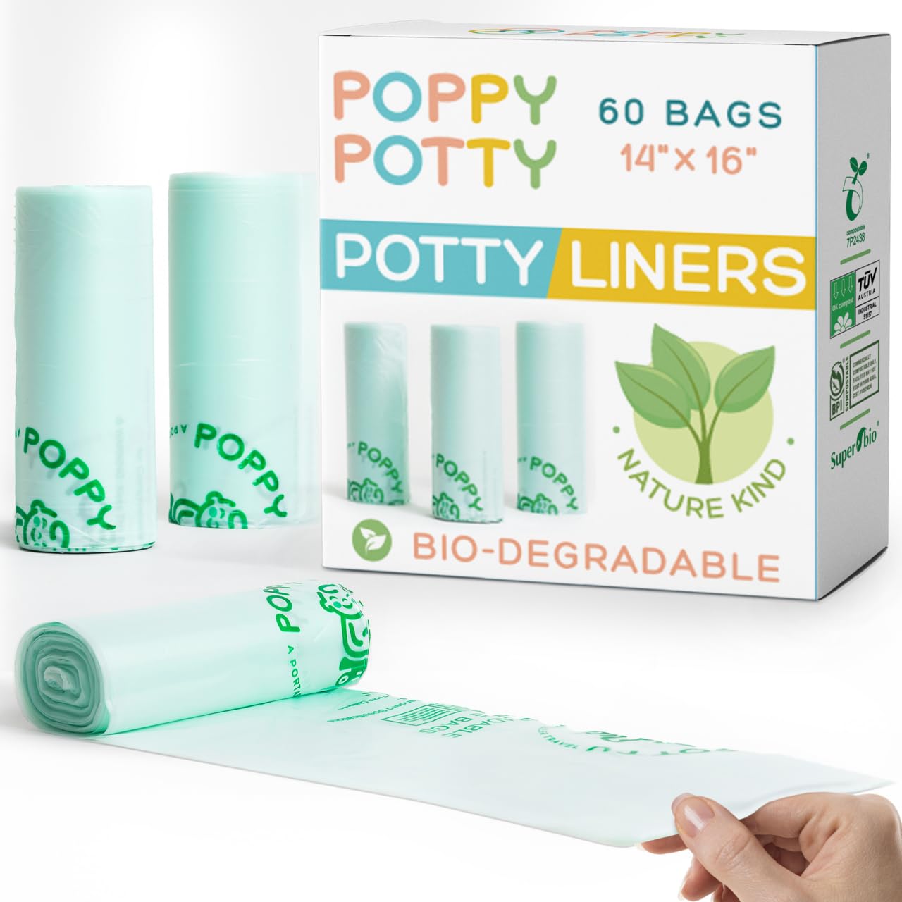 Logie & Gray Disposable Potty Liners 60 Count – Universal Fit, Leak-Proof, BPI & OK Compost Certified – Biodegradable Portable Toilet Bags for Toddlers & Travel – Ideal for Camping, Road Trips, and Outdoor Adventures