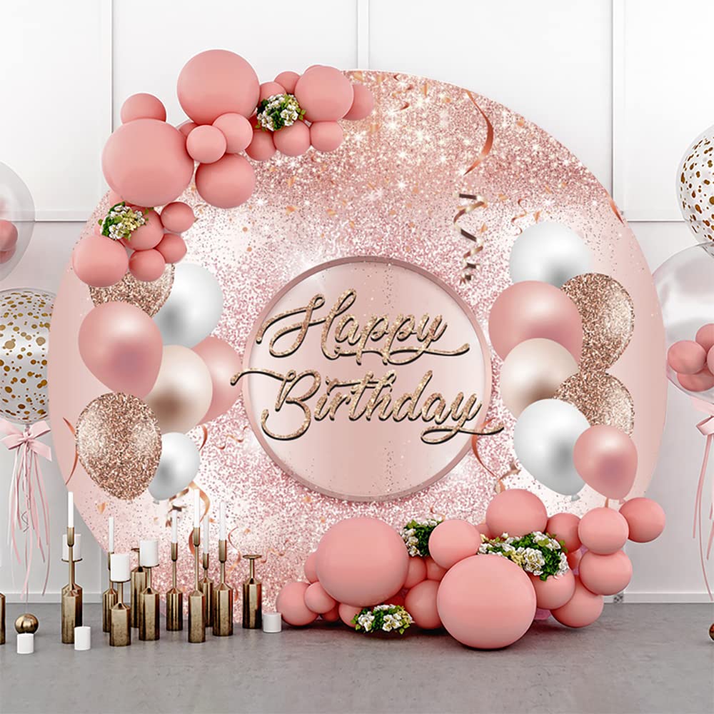 Yeele 7.5x7.5ft Pink Rose Gold Glitter Happy Birthday Backdrop with Sparkle Balloons - Photography Background for Women's Birthday Party, Sweet Girl Princess Theme, Cake Table Decor - Perfect for Baby Showers, Bridal Showers & Anniversary Celebrations