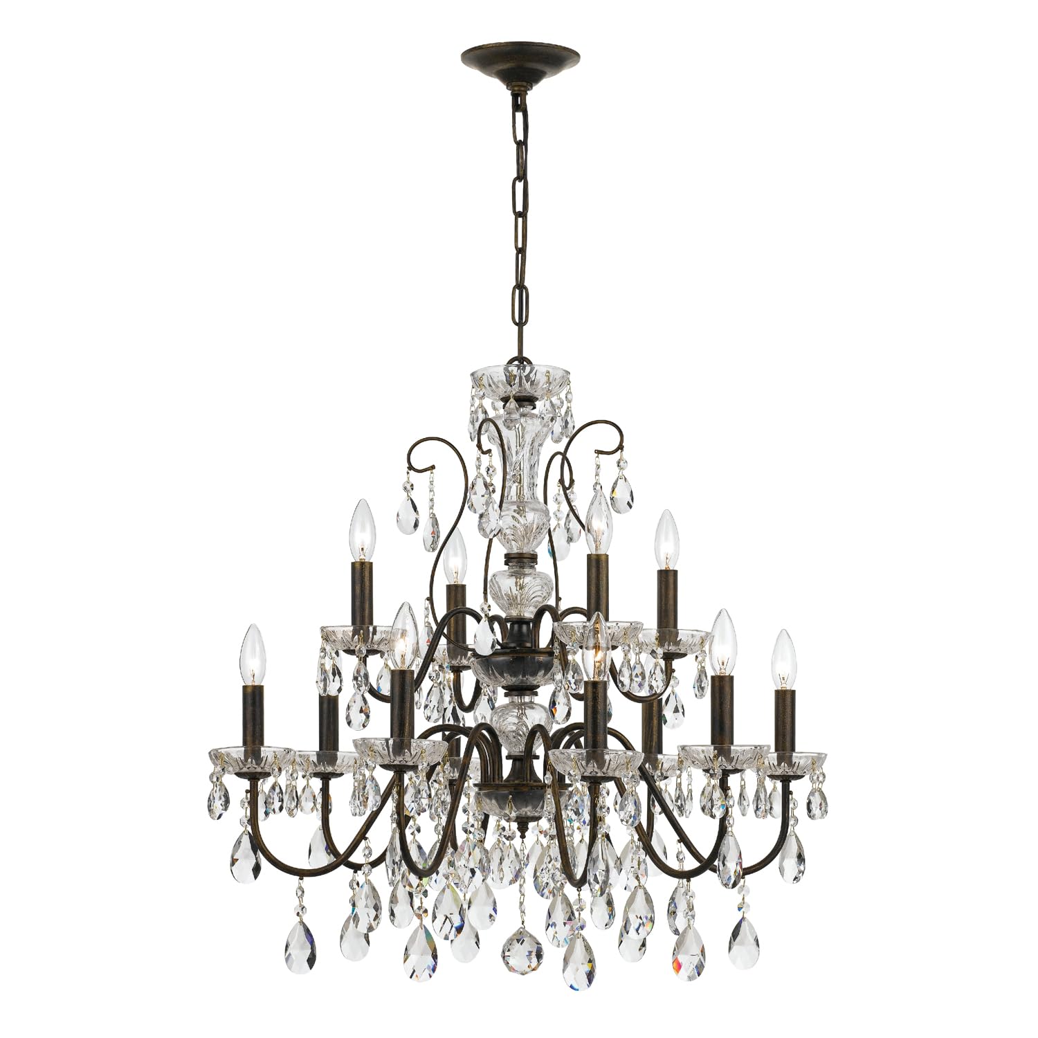 12-Light Hand-Cut Crystal English Bronze Chandelier - Elegant Dining Room & Foyer Lighting Fixture for Classic Home Decor