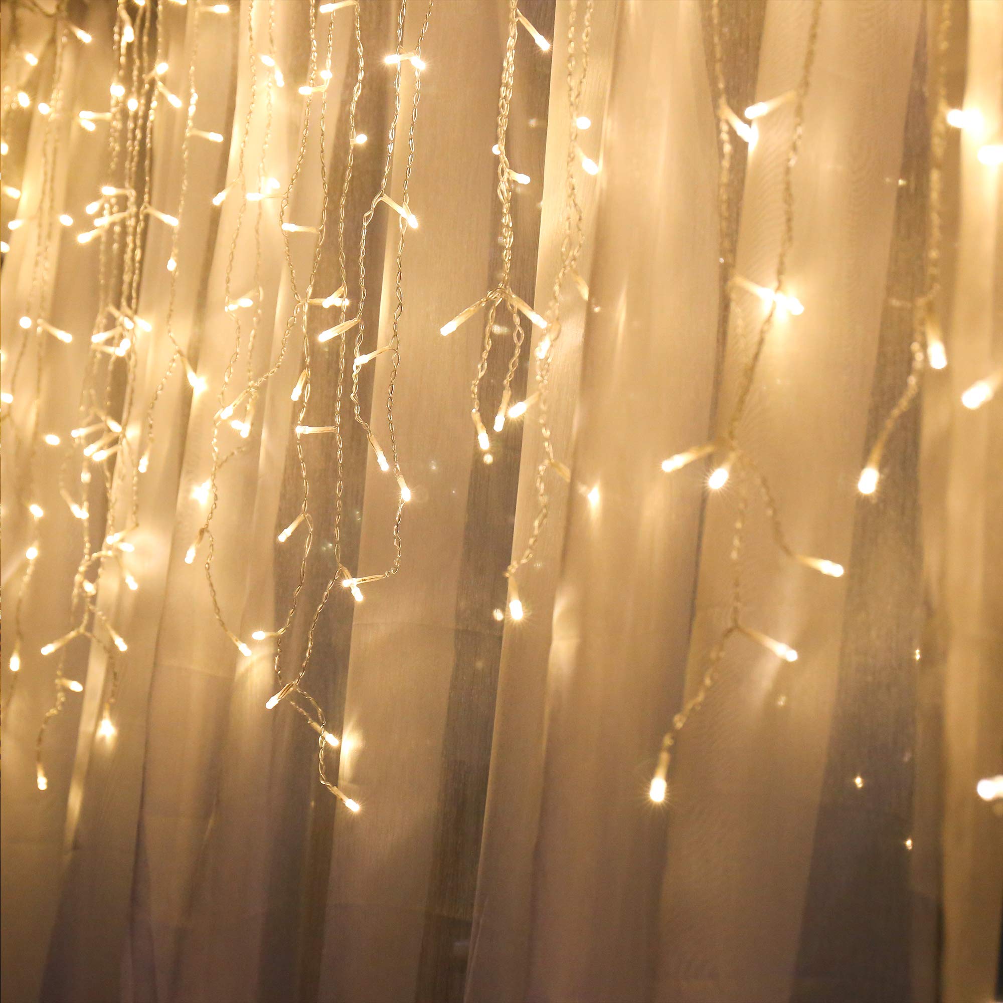 90 LED Icicle Lights - 10 ft Waterproof Fairy String Lights with Remote Control & 8 Modes (USB/Battery Powered) for Indoor/Outdoor Holiday Decorations, Christmas Tree, Party, Wedding & Window Decoration (Warm White)