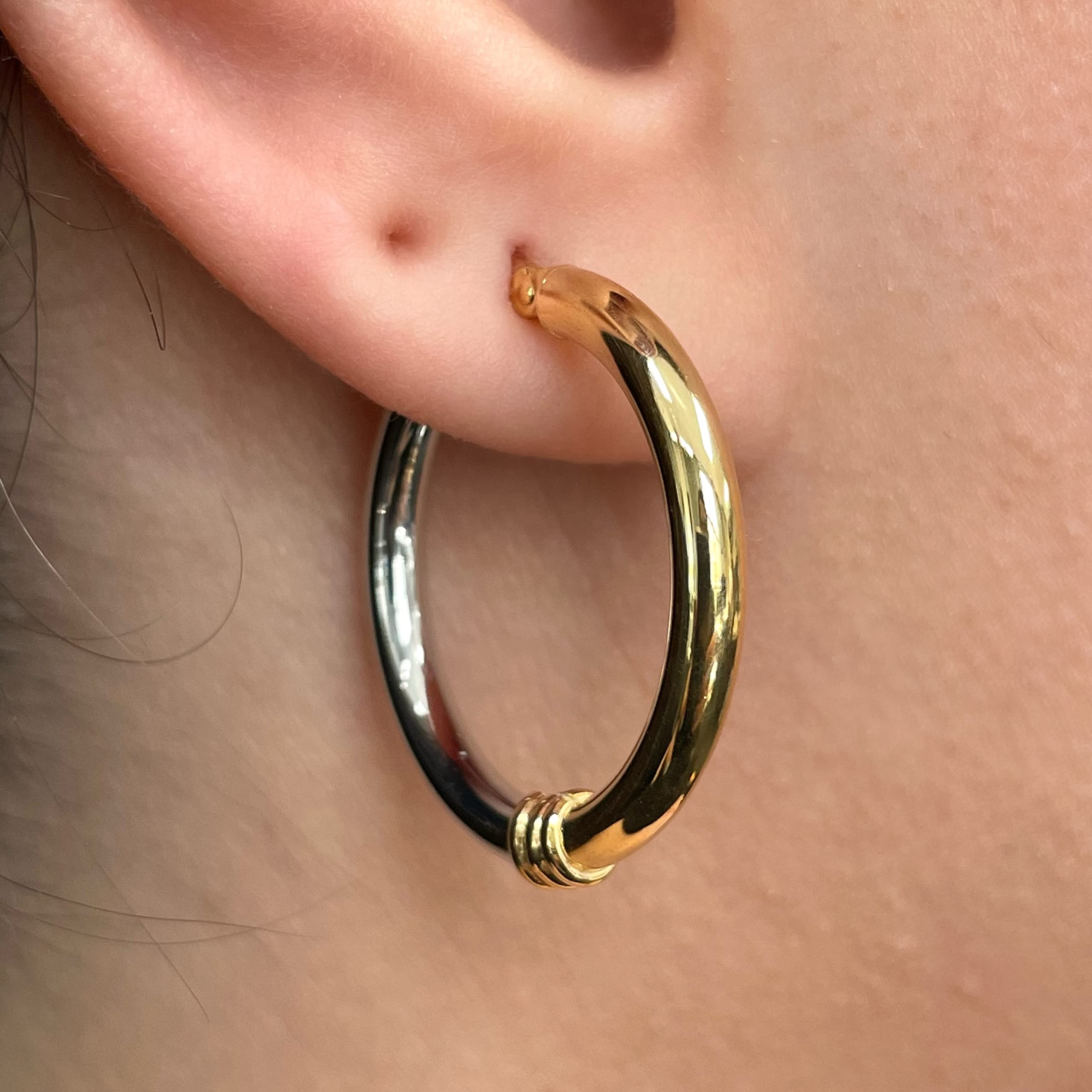 14K Italian Yellow & White Gold Hollow Hoop Earrings - 1.1