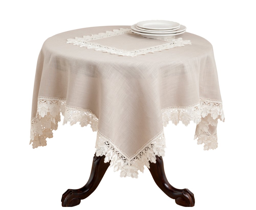 Fennco Styles Venetto Elegant Lace Trimmed Tablecloth 65 x 120 Inch - Taupe Table Cover for Home Decor, Banquets, Weddings & Special Events | Perfect for Dining Room, Party Decorations & Holiday Gatherings