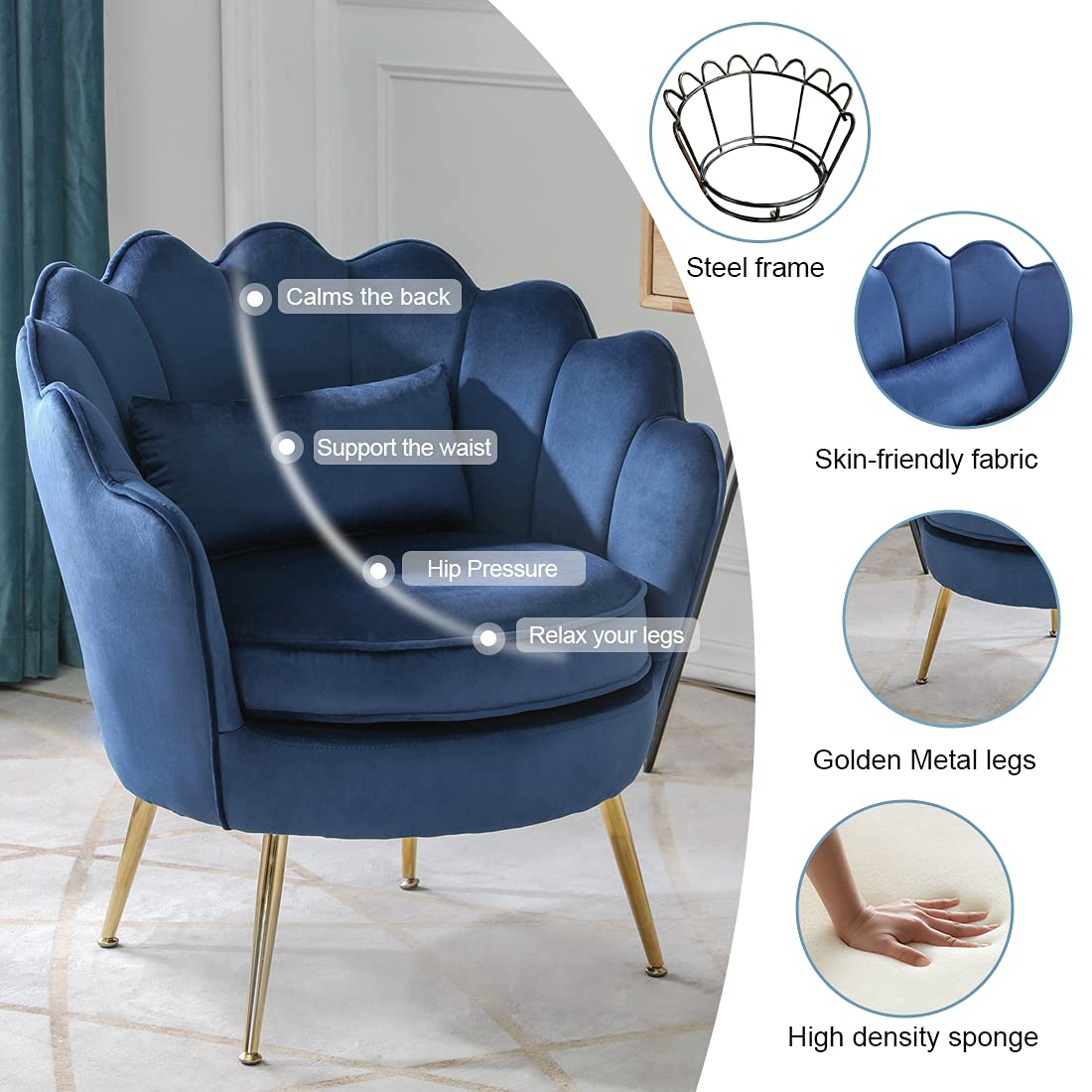 Modern Velvet Accent Chairs Set of 2 - Dark Blue Upholstered Armchairs with Golden Metal Legs for Living Room, Bedroom or Makeup Vanity | Stylish Seating for Home Decor, Lounge & Guest Room