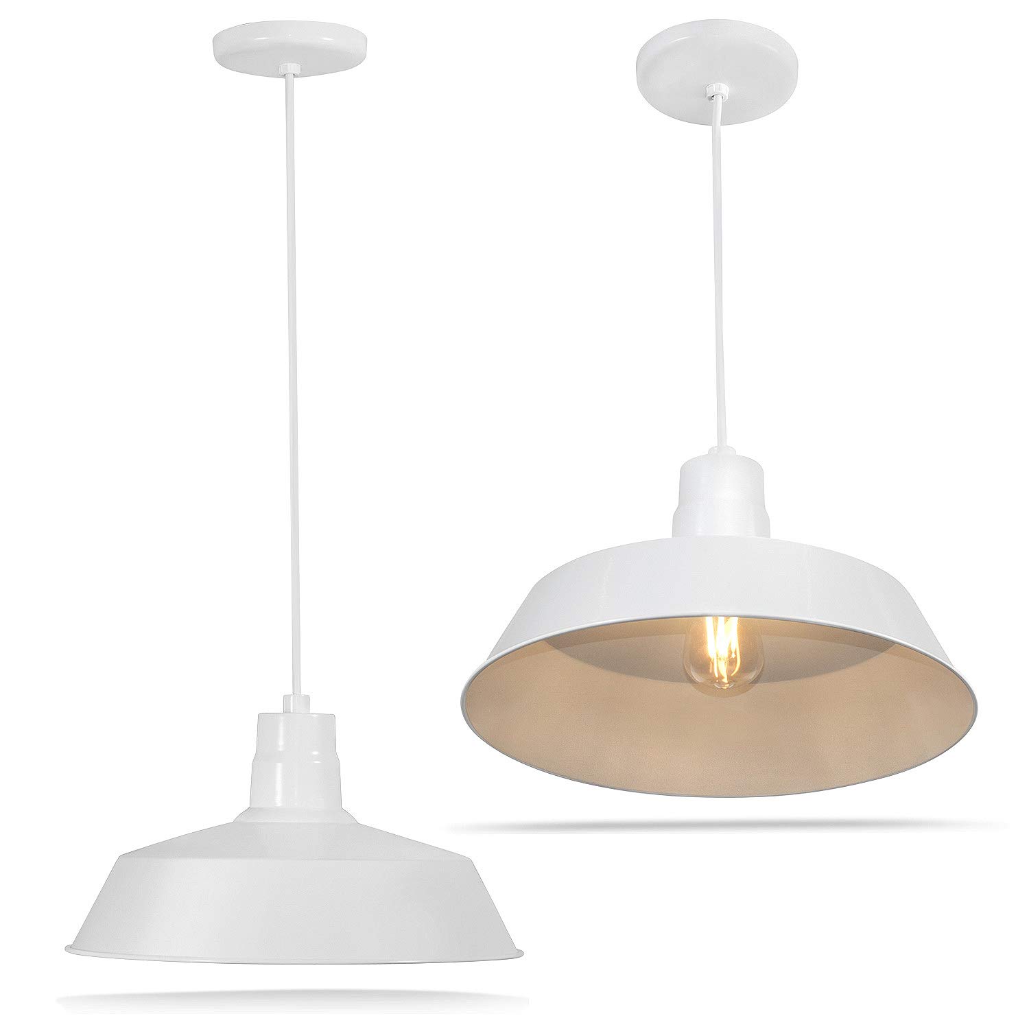 14-Inch Industrial White Pendant Barn Light Fixture - 10ft Adjustable Cord, Vintage Ceiling-Mounted Hanging Light for Kitchen, Dining Room & Indoor Use - 120V Hardwire, E26 Base LED Compatible, UL Listed (2 Pack) - Perfect for Farmhouse, Cafe & Restaurant Lighting