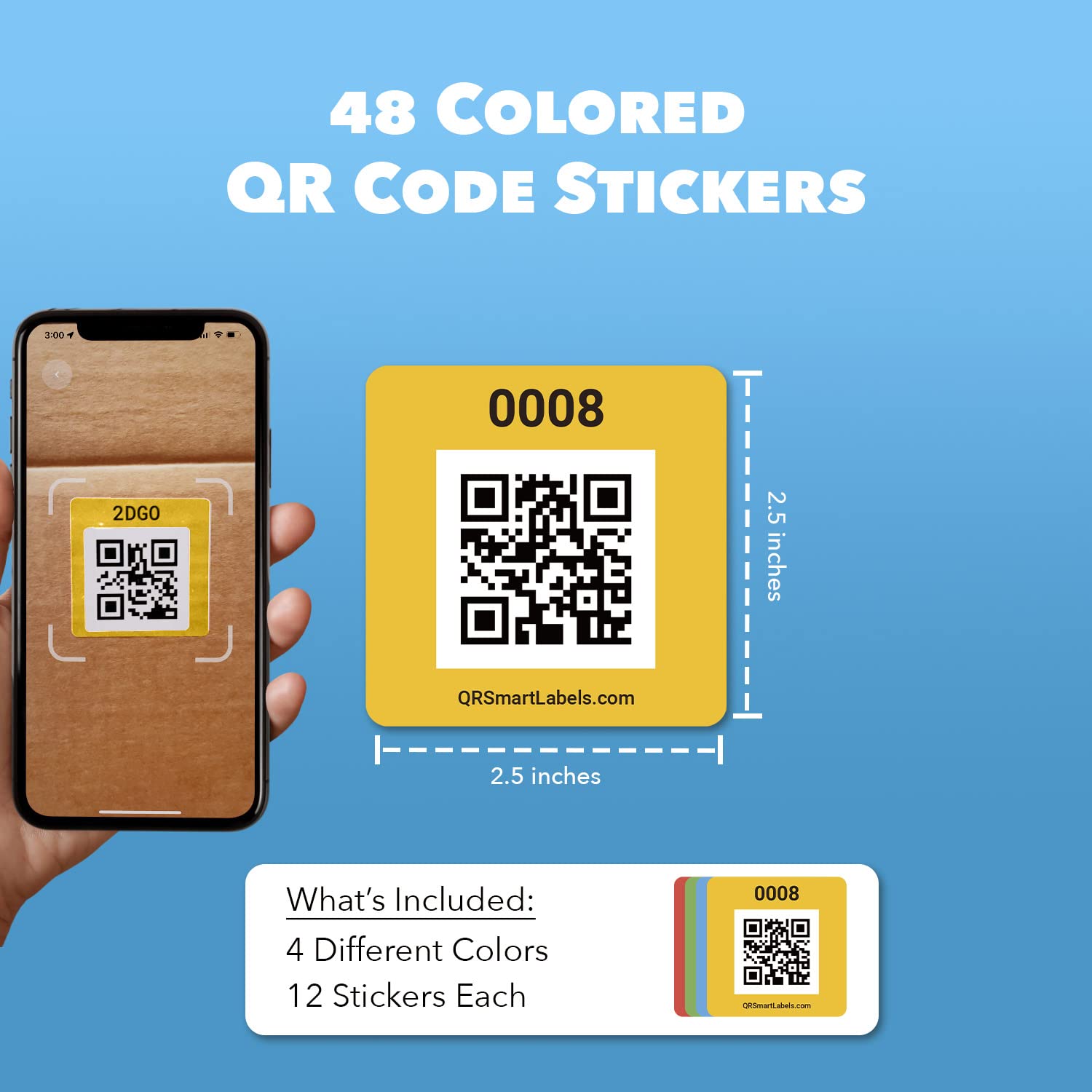 48 Pack Smart QR Code Stickers for Storage & Inventory Tracking - Made in USA | Organize Storage Units, Moving Supplies & App Inventory Management | Perfect for Home Organization, Warehouse Labeling & Business Asset Tracking