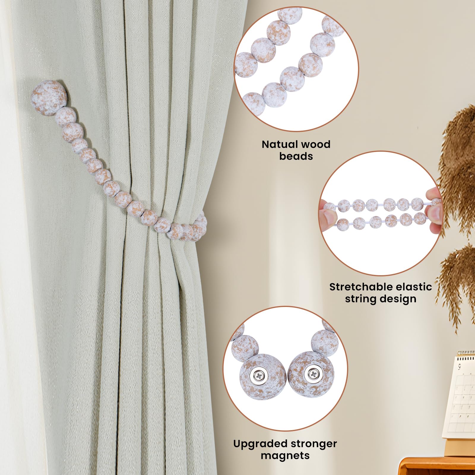 Magnetic Wood Bead Curtain Tiebacks 2 Pack - Boho Farmhouse Decor for Bedroom & Nursery