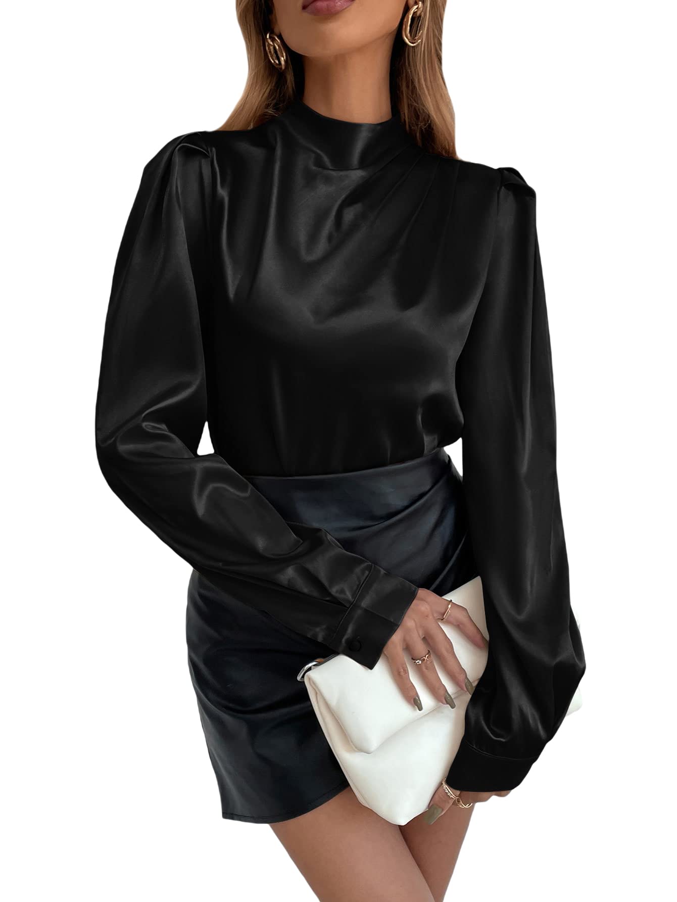 OYOANGLE Women's Elegant Puff Long Sleeve Blouse - Stand Neck Satin Shirt for Work, Office & Formal Occasions | Perfect for Business Meetings, Interviews & Professional Events