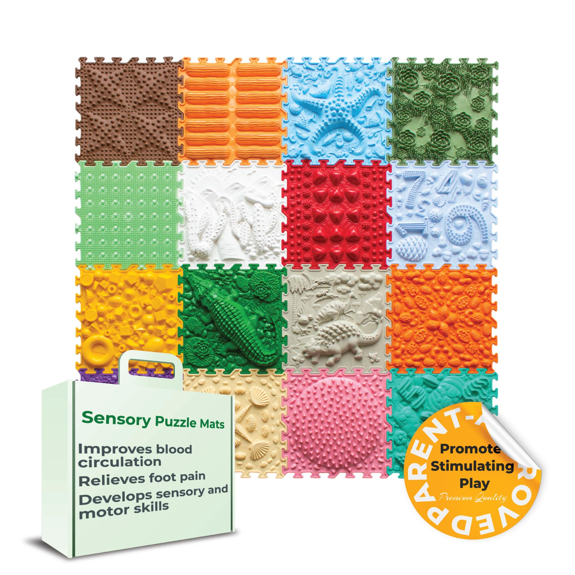 ORTO NATURE 16-Piece Sensory Puzzle Play Mat – Interlocking Orthopedic Floor Tiles & Textured Sensory Mats for Kids & Adults (Joyful Land) – Perfect for Playrooms, Therapy & Home Gym Flooring