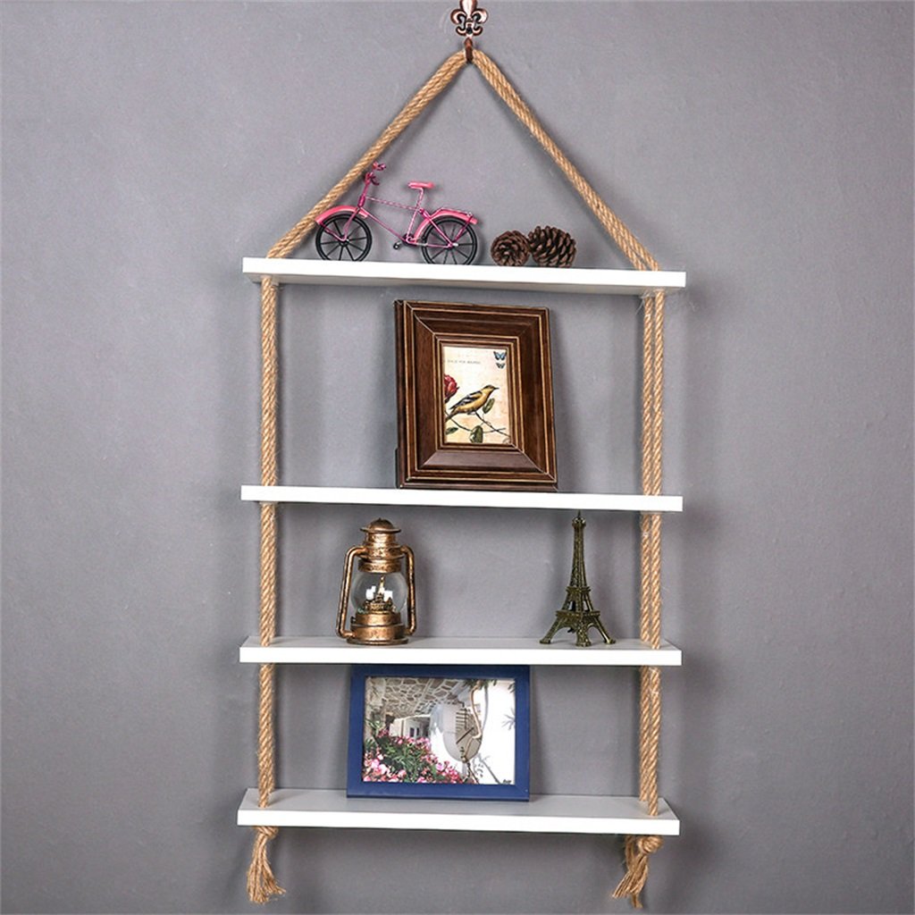 4-Tier Floating Wall Shelves with Wood Board & Adjustable Hemp Rope - Storage Shelf, Bookshelf, Wall Decor for Living Room, Bedroom, Office | Brown & White Modern Wall Shelves