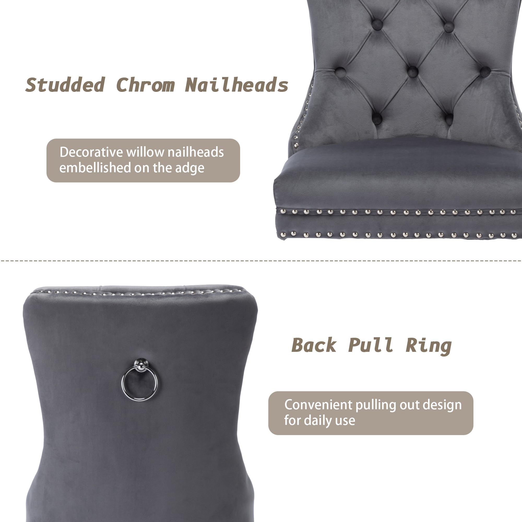 Luxury Velvet Dining Chairs Set of 2 - Modern Upholstered Tufted Kitchen Chairs with Nailhead Trim & Solid Wood Legs, Grey Nikki Collection for Dining Room, Restaurant or Home Decor