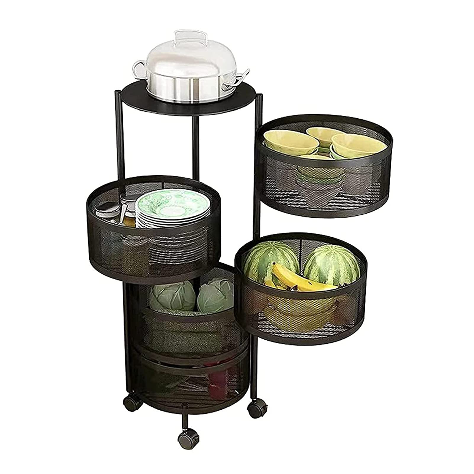 5-Tier Rotating Kitchen Cart with Wheels - Round Metal Corner Shelf for Spice Rack Organizer, Fruit & Vegetable Storage - Perfect for Small Kitchen Organization & Pantry Storage Solutions