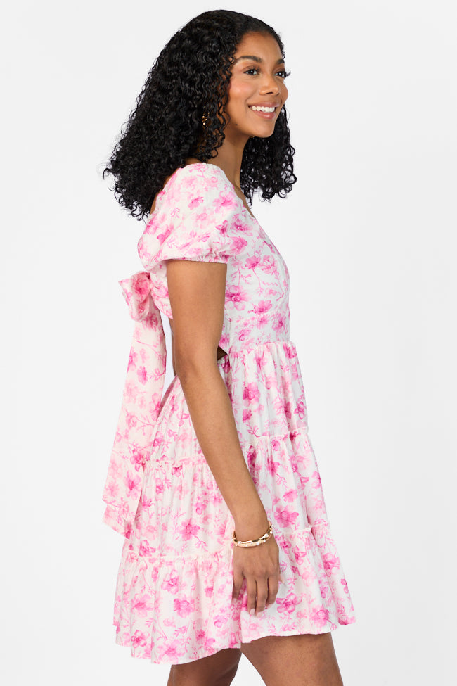 Elegant Pink Floral Dress with Back Bow Detail - Women's Party & Wedding Guest Dress - Perfect for Spring Events, Date Nights & Special Occasions