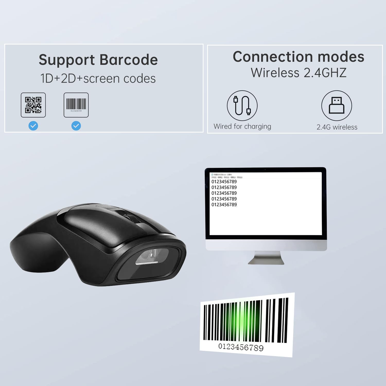 2-in-1 Wireless Mouse & 2D Barcode Scanner - Ergonomic Handheld POS Scanner with Mouse Function for Retail Stores, Supermarkets, Warehouses - Ideal for Inventory Management & Checkout Systems (Black)