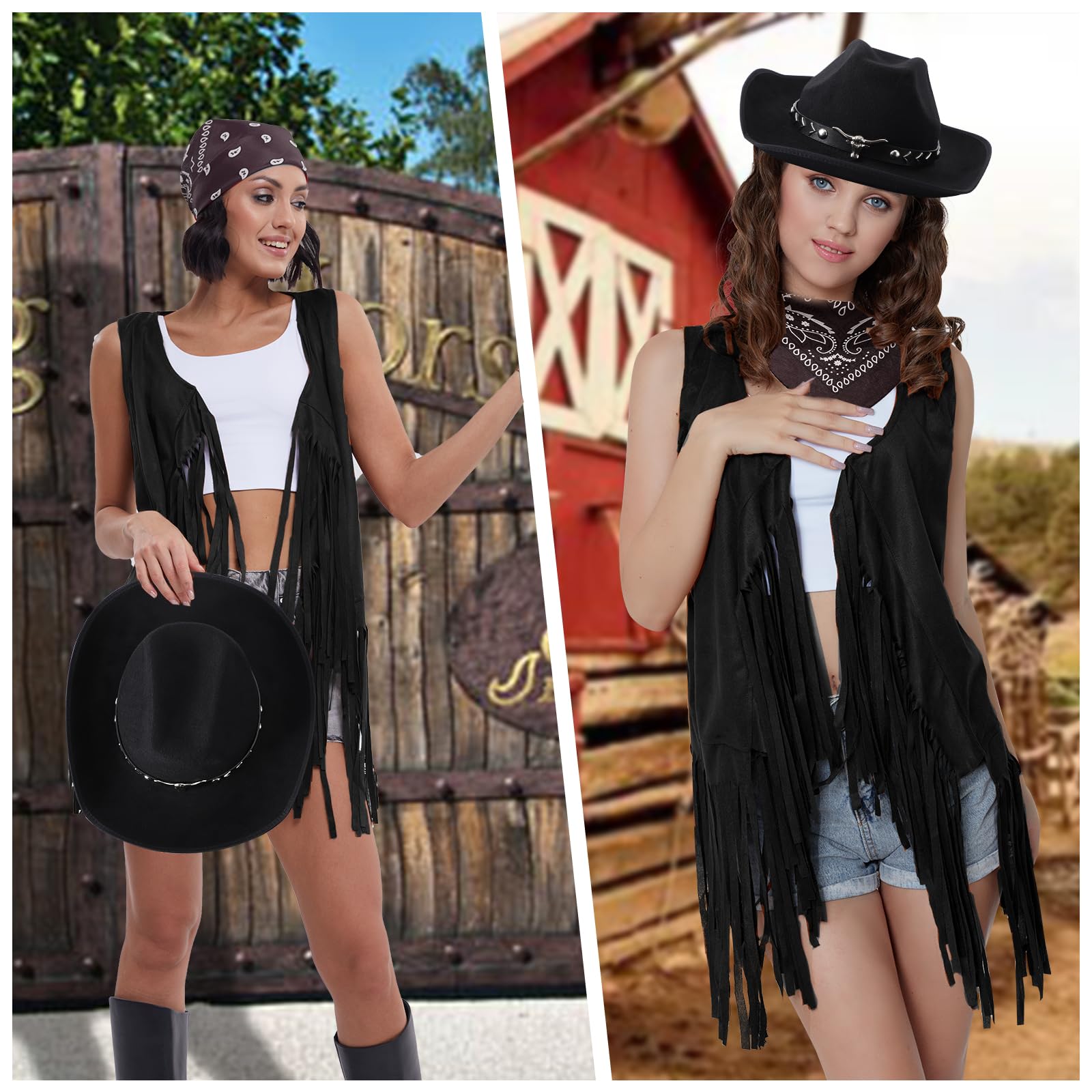 Western Outfits for Women - Cowgirl Tassel Sleeveless Vest, Cowboy Hat & Paisley Bandana Set | Rodeo, Halloween & Country Music Festival Costume