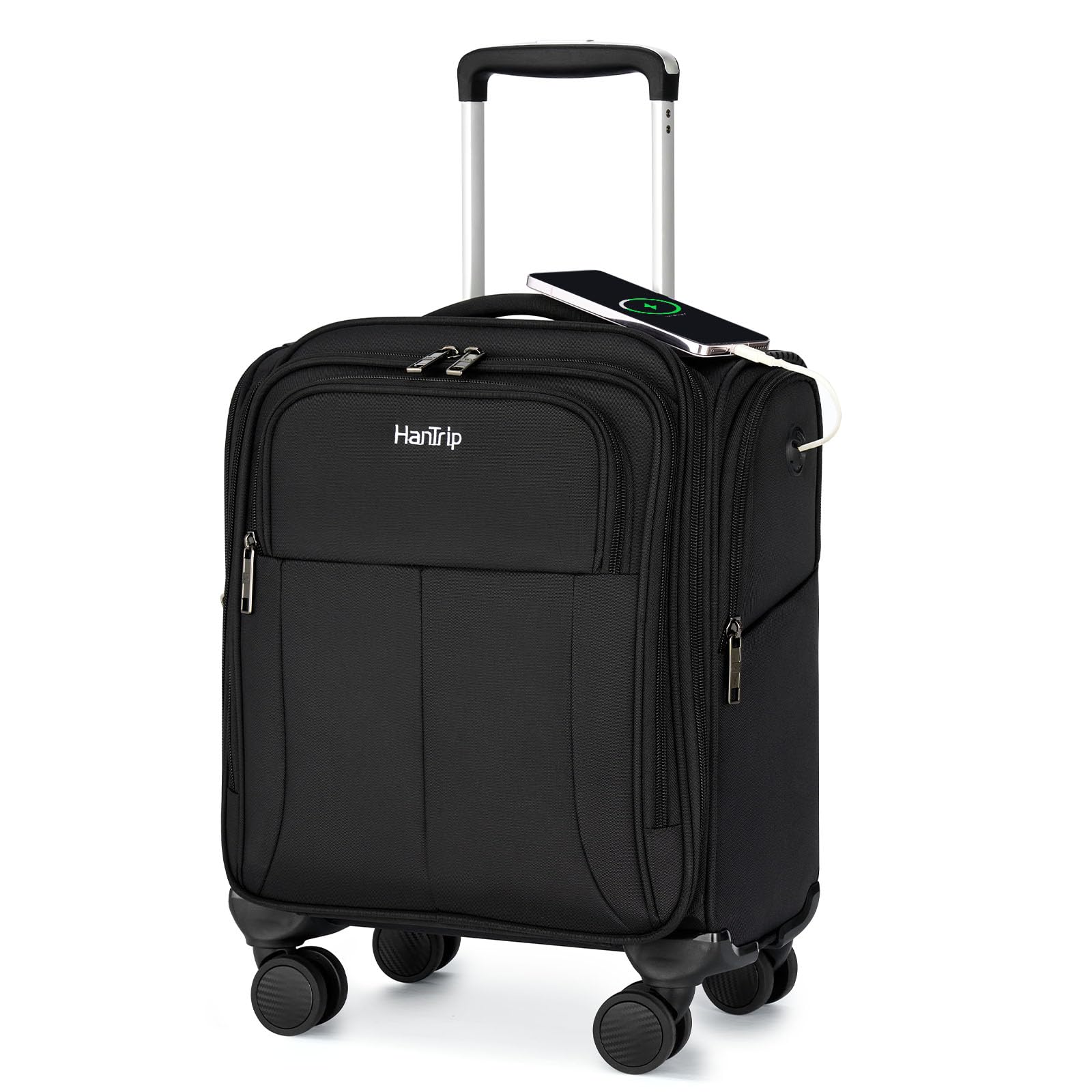 16 Inch Underseat Carry On Luggage with Wheels - Softside Small Suitcase for Air Travel, Personal Item Bag with Pockets - Perfect for Men & Women Business Trips, Overnight Stay (Black) | Compact & Lightweight Cabin Bag for Airlines, Commuting, Weekend Getaways