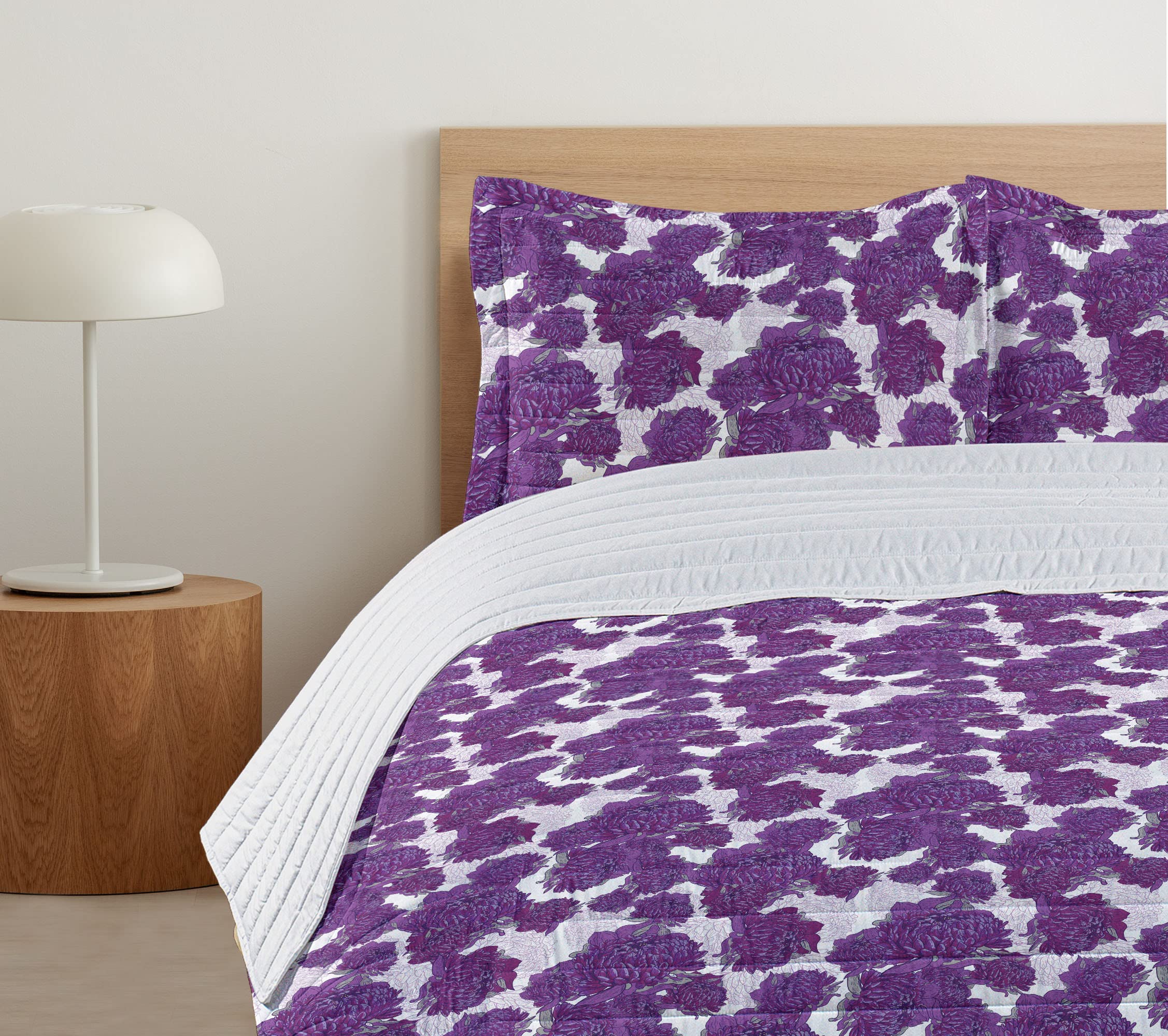 Ambesonne King Size Mauve Microfiber Bedding Set - Vivid Allium Flower Petals Design, Soft Comforter with Pillow Shams | Bohemian Victorian Peony Art in Purple & White | Perfect for Master Bedroom, Guest Room & Bohemian Home Decor