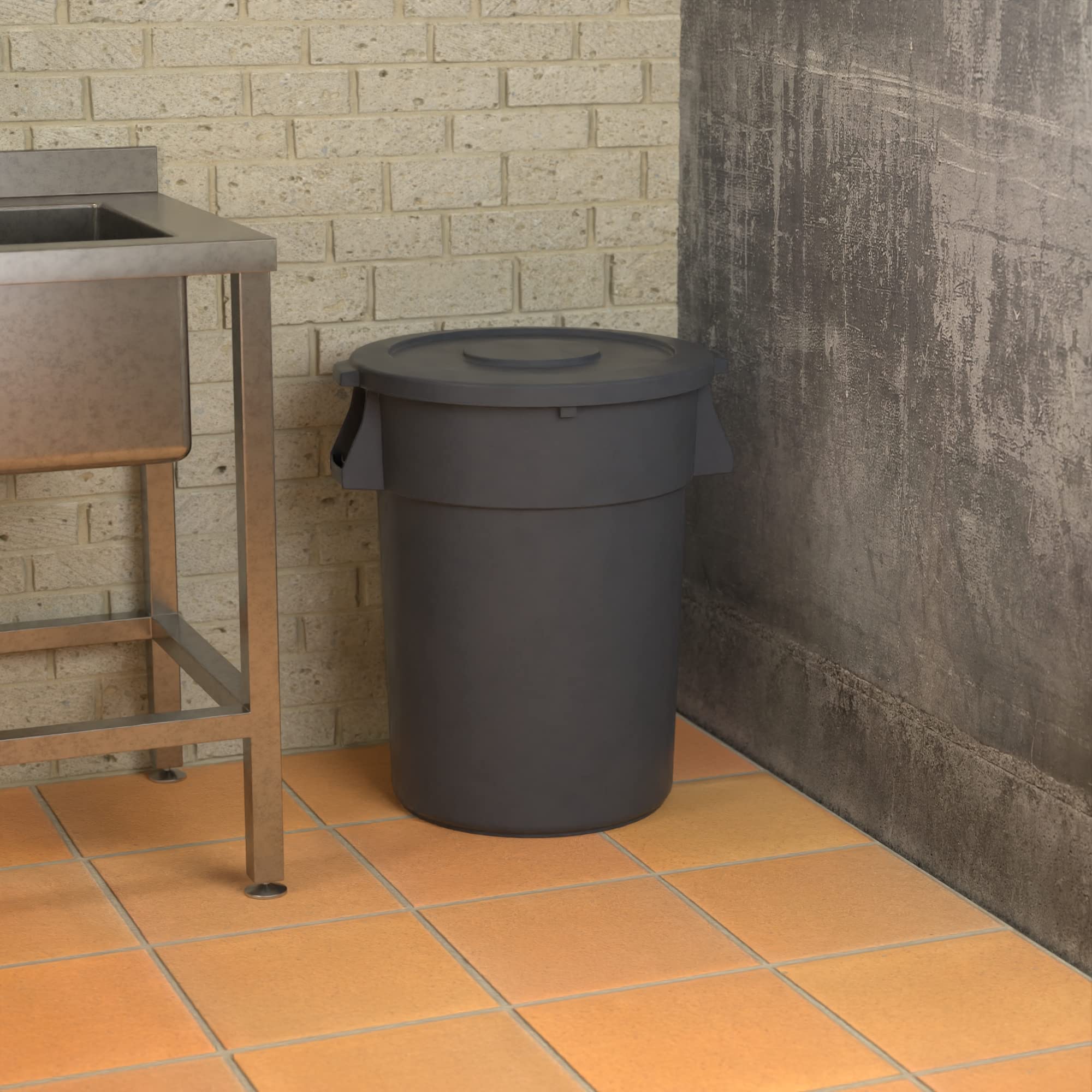44 Gallon Gray Round Commercial Trash Can with Lid - Heavy Duty Waste Bin for Office, Restaurant & Outdoor Use