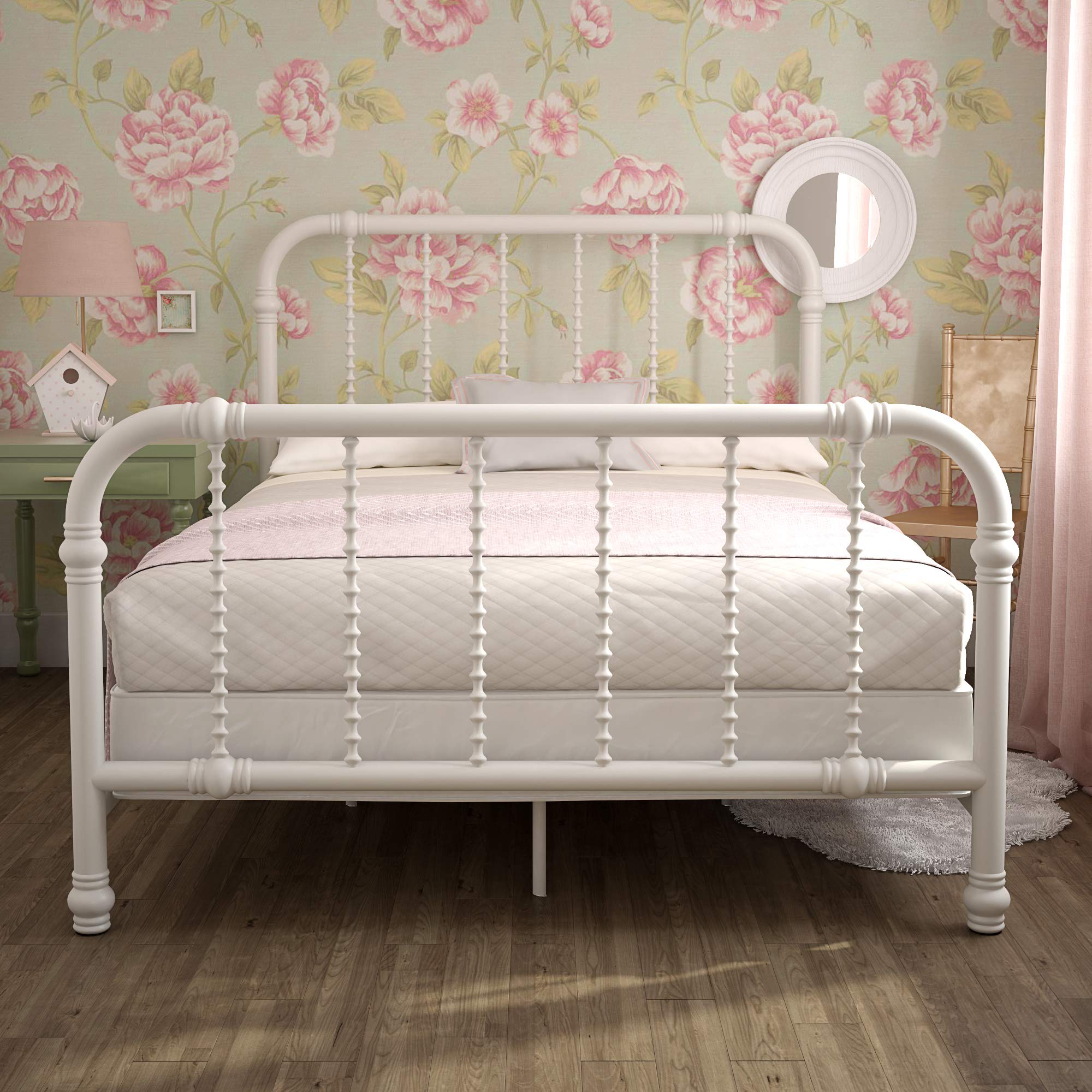 DHP Jenny Lind Twin Metal Bed Frame with Country Chic Headboard & Footboard - White Kids Bed with Underbed Storage Space for Toys | Perfect for Children's Bedrooms, Playrooms & Small Spaces