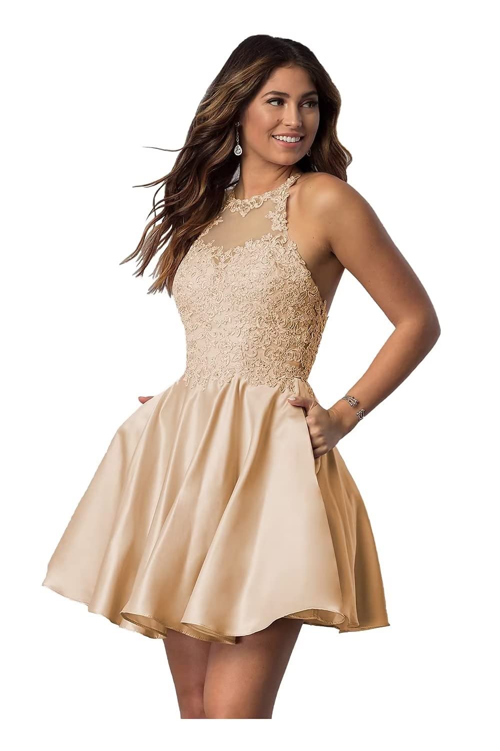 Elegant Lace Applique Short Homecoming Dresses with Pockets | Halter Prom Dresses for Teens | 2022 Satin Cocktail Party Dresses | Perfect for School Dances, Formal Events & Special Occasions