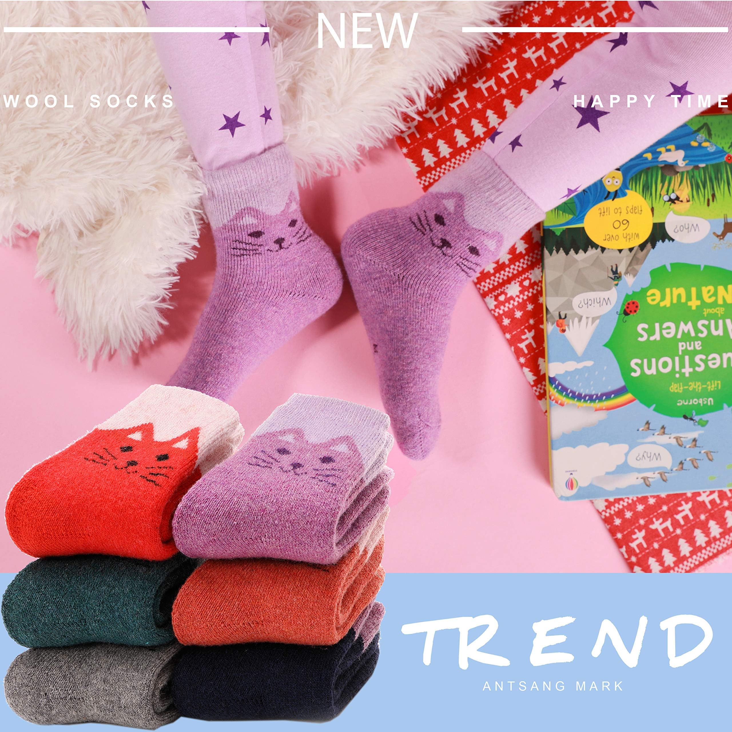 ANTSANG Kids Merino Wool Hiking Socks - Warm Thermal Crew Boot Socks for Toddlers Boys & Girls (6 Pairs) - Perfect for Winter Outdoor Adventures, Camping & Snow Play