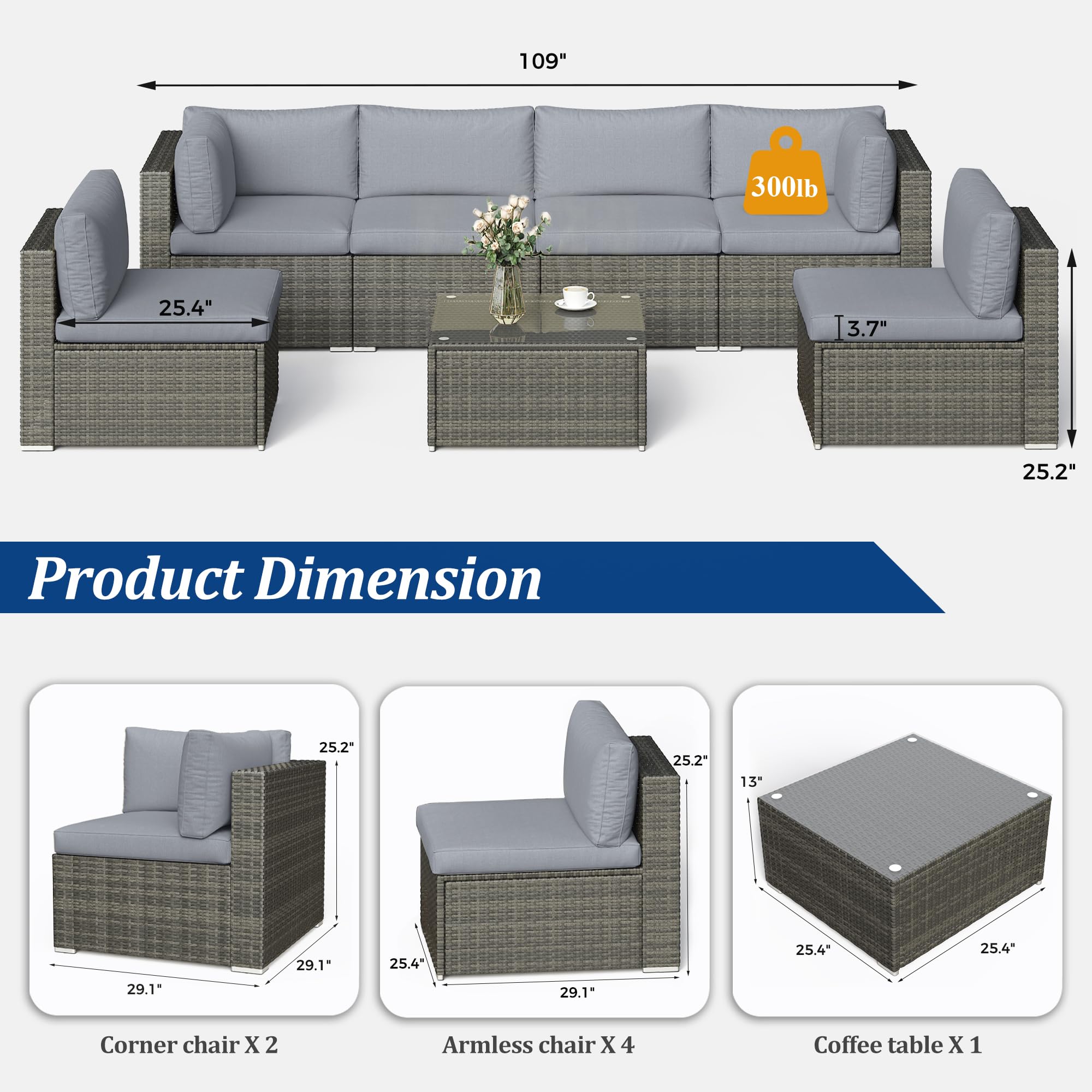 SUNVIVI 7-Piece Outdoor Patio Furniture Set - All-Weather PE Wicker Sofa Couch with Tempered Glass Table & Removable Gray Cushions - Perfect for Backyard, Garden, Poolside and Terrace Relaxation