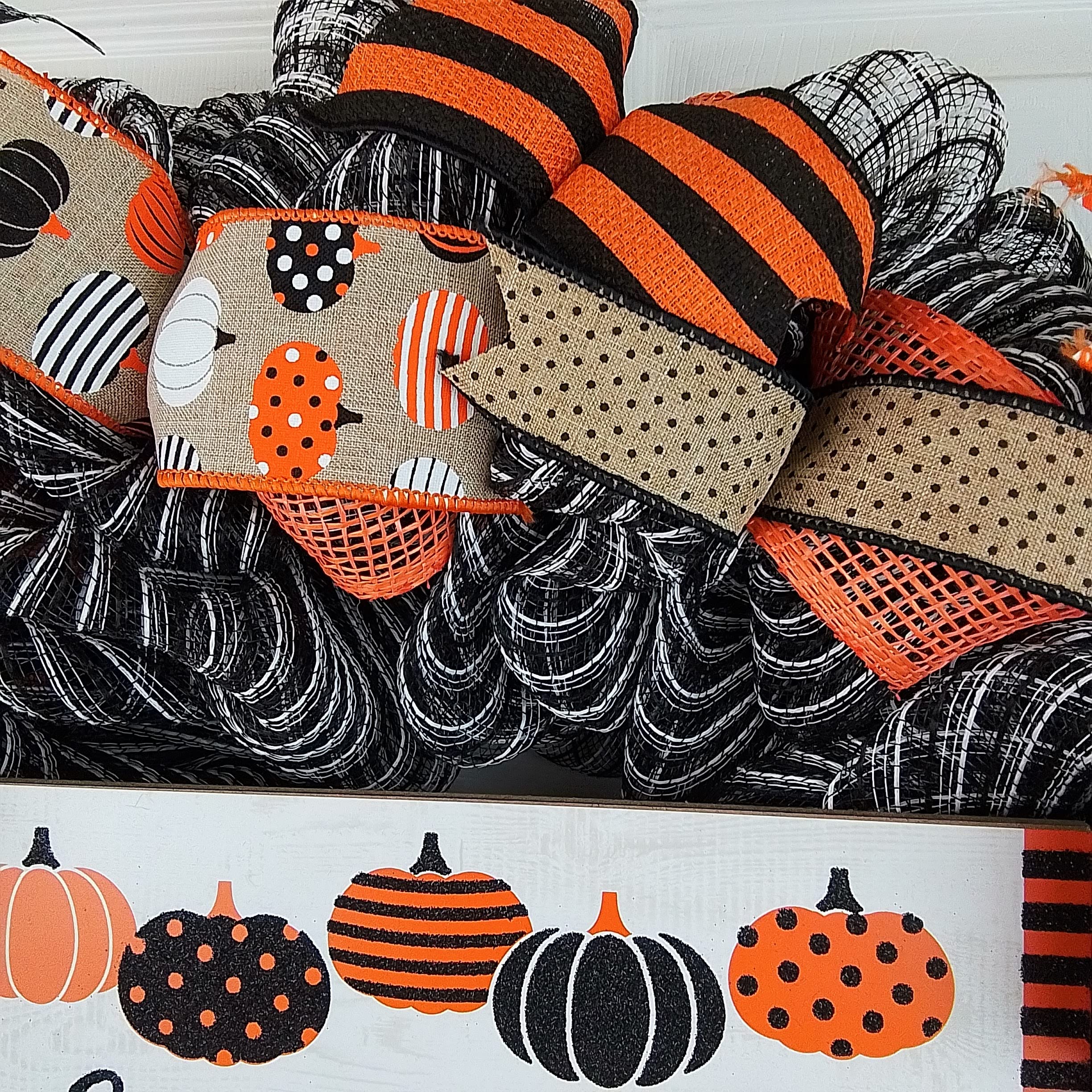 Happy Halloween Wreath - Pumpkin Door Wreath Decor for Halloween & Thanksgiving - Orange Black White Burlap Stripe Jack O Lantern Wreath - Perfect for Front Door, Office & Home Halloween Decorations