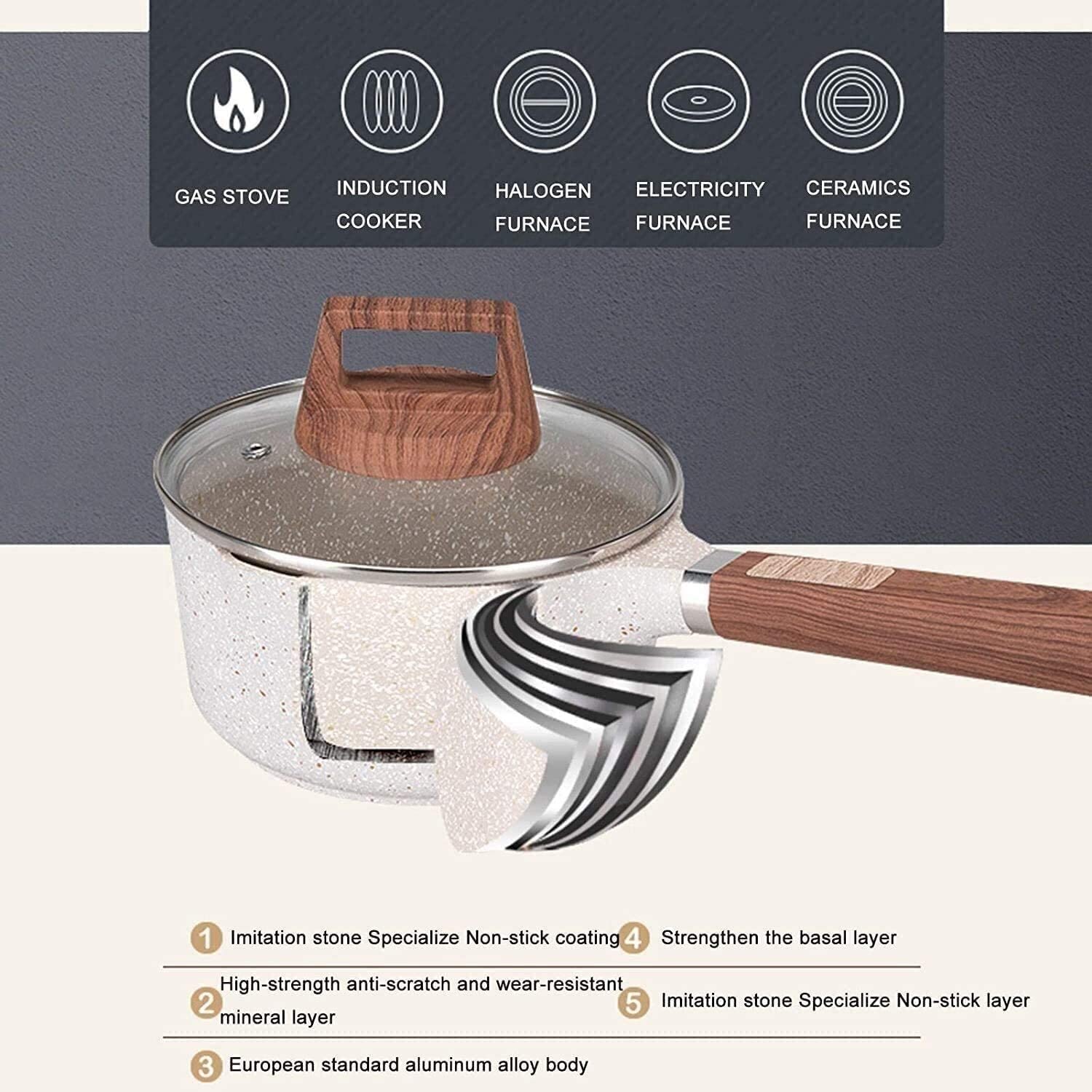Non-Stick Wok Maifan Stone Pot with Wooden Handle - 18cm Multi-Functional Cooking Pot for Soup, Milk, Boiling & Stir-Frying - Perfect for Home Kitchen & Asian Cuisine