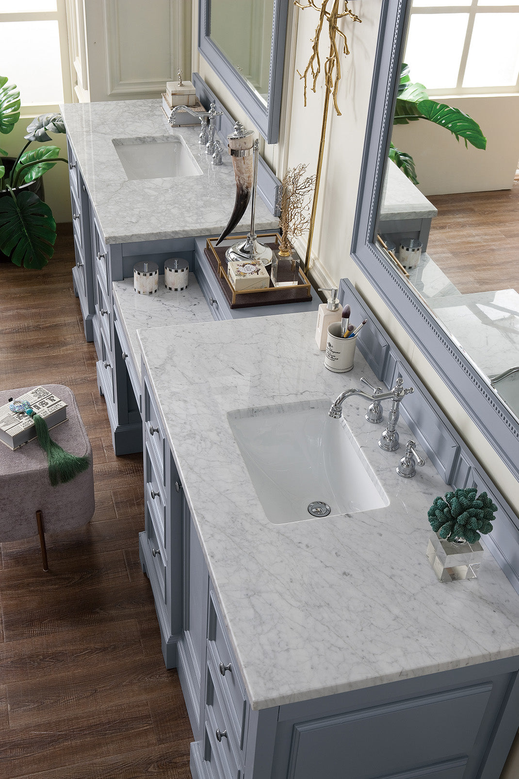 De Soto 118 Double Vanity Set with Makeup Table - Silver Gray Finish & 3CM Carrara Marble Top | Modern Bathroom Vanity for Master Bath, Guest Bath & Luxury Home Decor