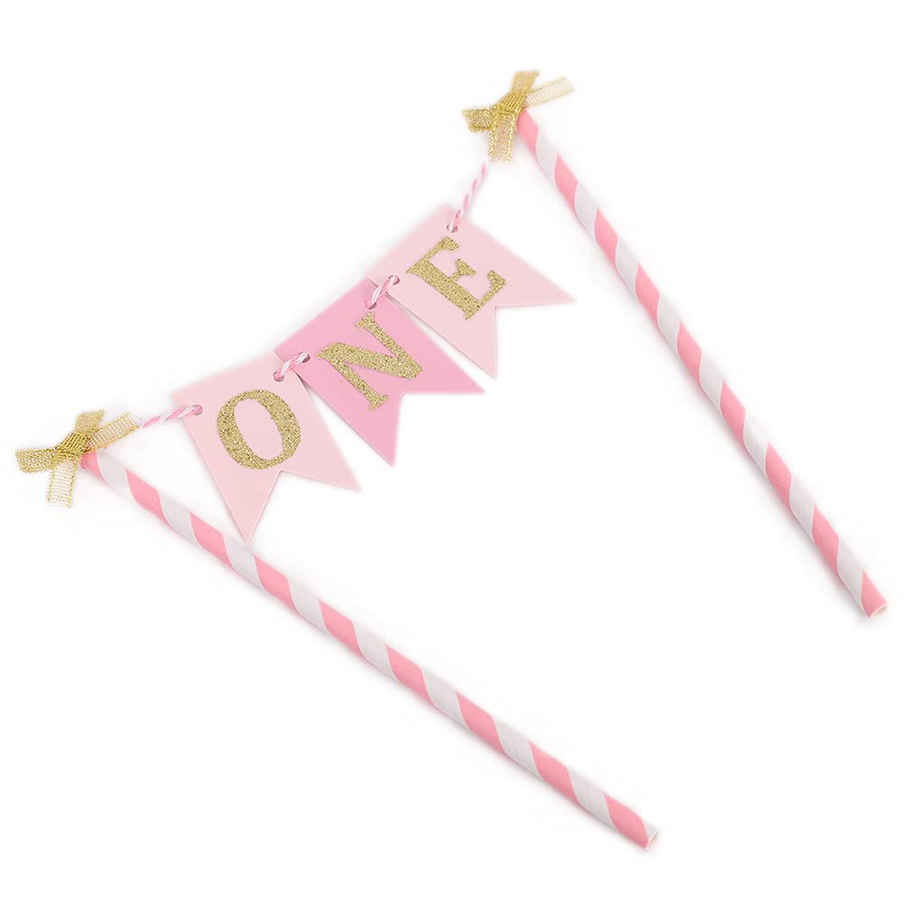 Pink and Gold 1st Birthday Cake Topper for Baby Girls - First Birthday Party Decorations, Cake Smash Banner, Paper Straw Cake Decor - Perfect for 1 Year Old Birthday Cakes, Baby Showers, and Photo Backdrops