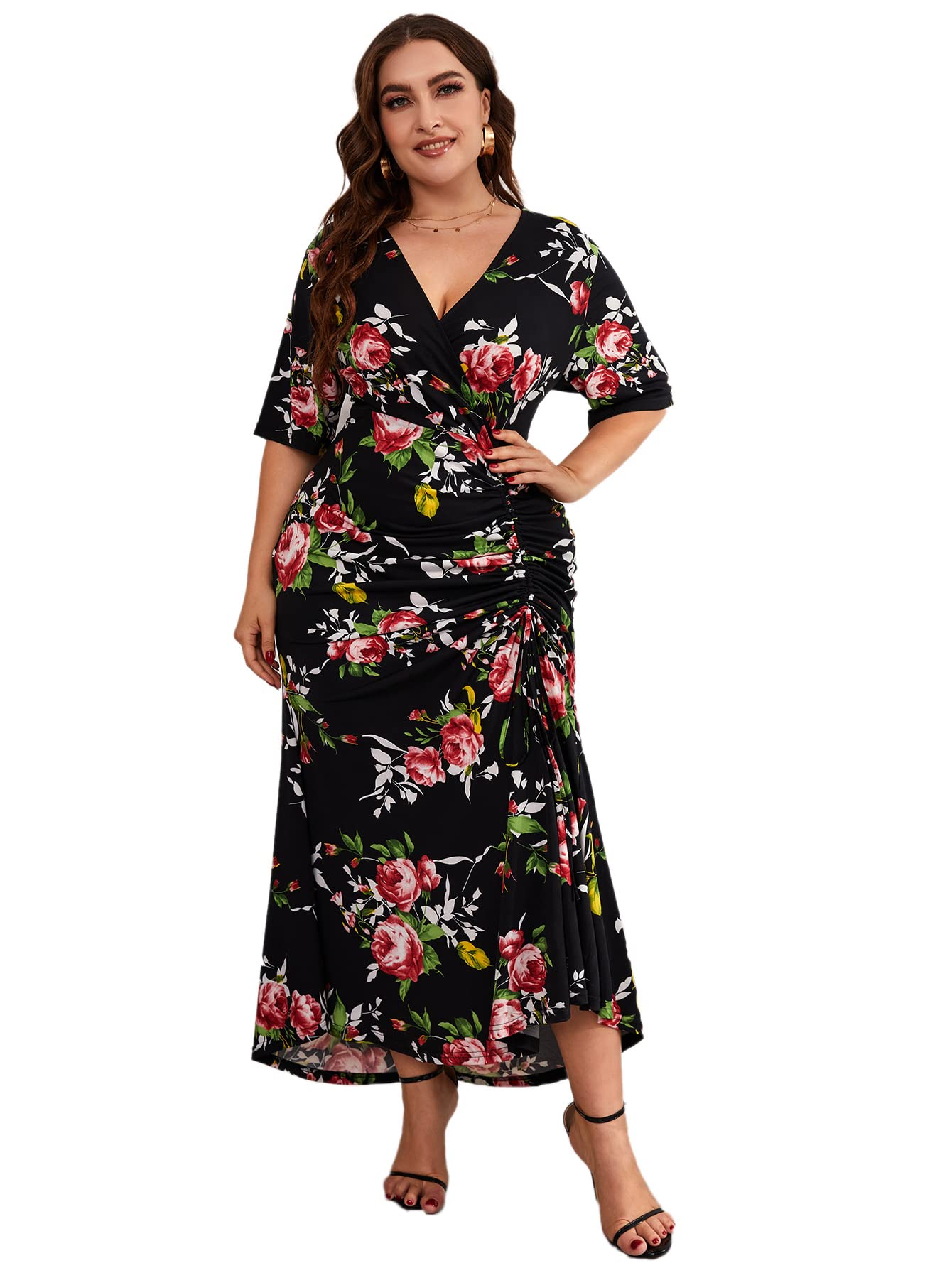 Women's Floral Print Stretch Knit Fishtail Maxi Dress - Summer Casual Short Sleeve Bodycon Dress for Beach, Party & Date Night