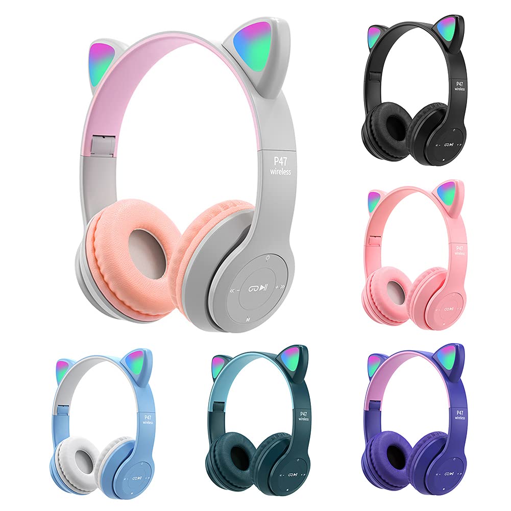 LED Cat Ear Bluetooth 5.0 Wireless Headphones for Kids & Adults - Foldable Gaming Headset with Built-in Mic, Noise Cancelling Over-Ear Design (Pink) - Perfect for Gaming, Online Classes & Music Listening