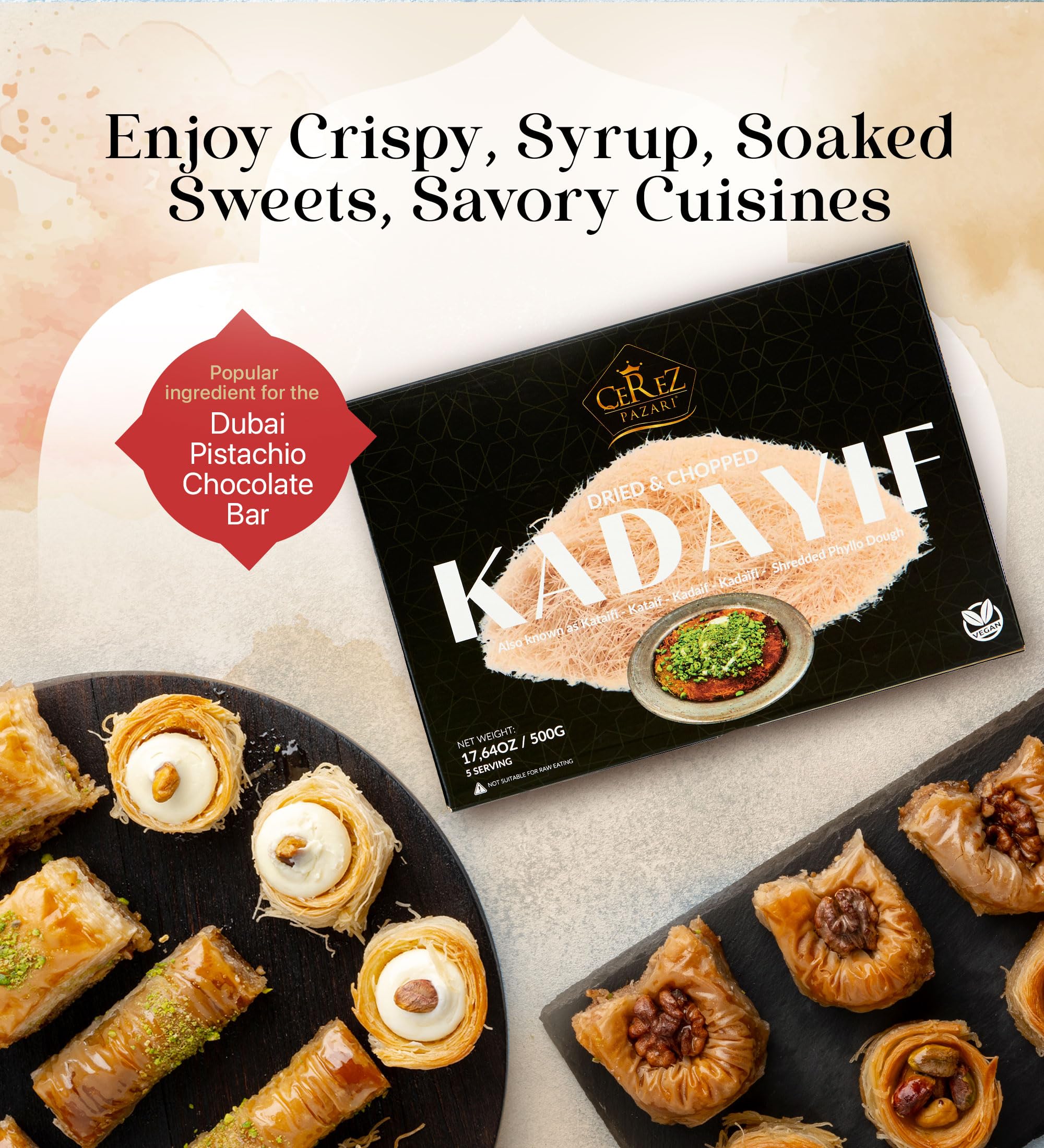 Premium Kataifi Shredded Phyllo Dough (1.1 lb) - Authentic Middle Eastern Pastry for Kunafa, Knafeh & Baklava - Perfect for Dubai Chocolate Bars, Pistachio Desserts & Sweet Treats - Raw, Dried & Ready to Use for Home Baking & Restaurant Recipes