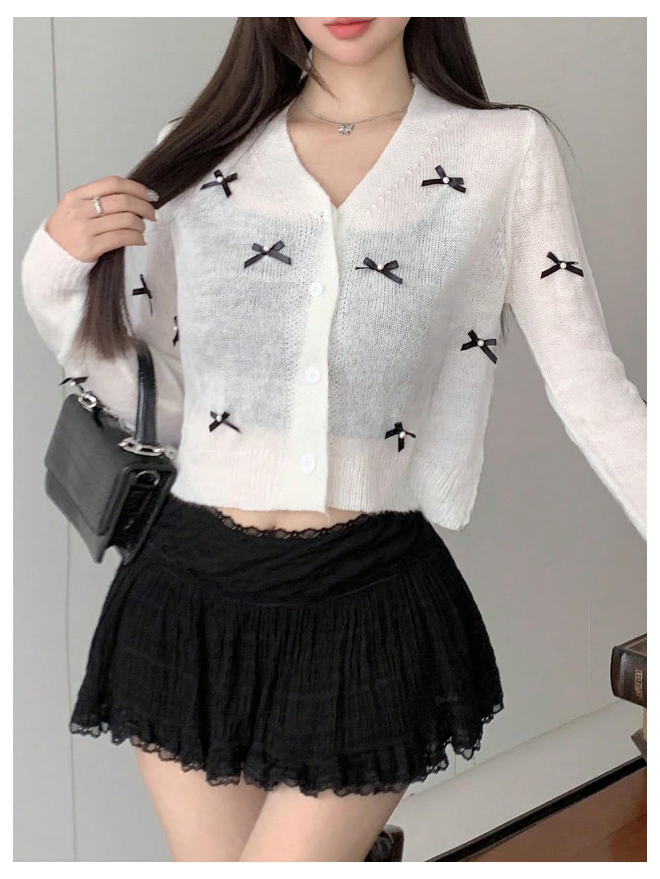 GORGLITTER Women's Cropped Knit Cardigan with Bow Buttons - Long Sleeve Button Down Sweater for Casual Outfits & Office Wear
