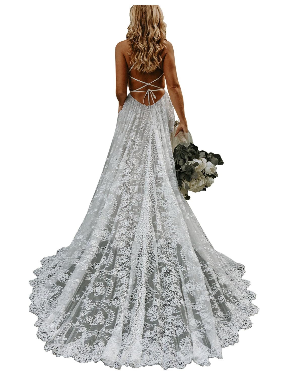 Boho Lace Wedding Dress for Bride - Long Beach Bridal Gown with Spaghetti Straps, V-Neck & Train | Perfect for Beach Weddings, Outdoor Ceremonies & Boho Chic Bridal Looks