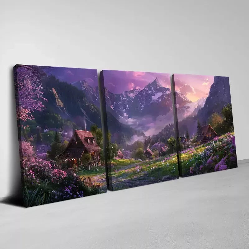 3-Piece Purple Sky Town with Pink Floral & Mountain Wall Art Set - Framed Canvas Prints 40x60cm - High Quality Australian Made - Perfect for Living Room, Bedroom & Office Decor