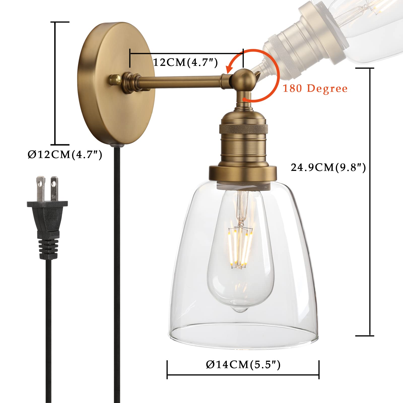 Phansthy Plug-in Wall Sconce with Switch - Antique Bronze Wall Lamp with 5.5 Inch Glass Shade for Bedroom, Living Room & Hallway Lighting