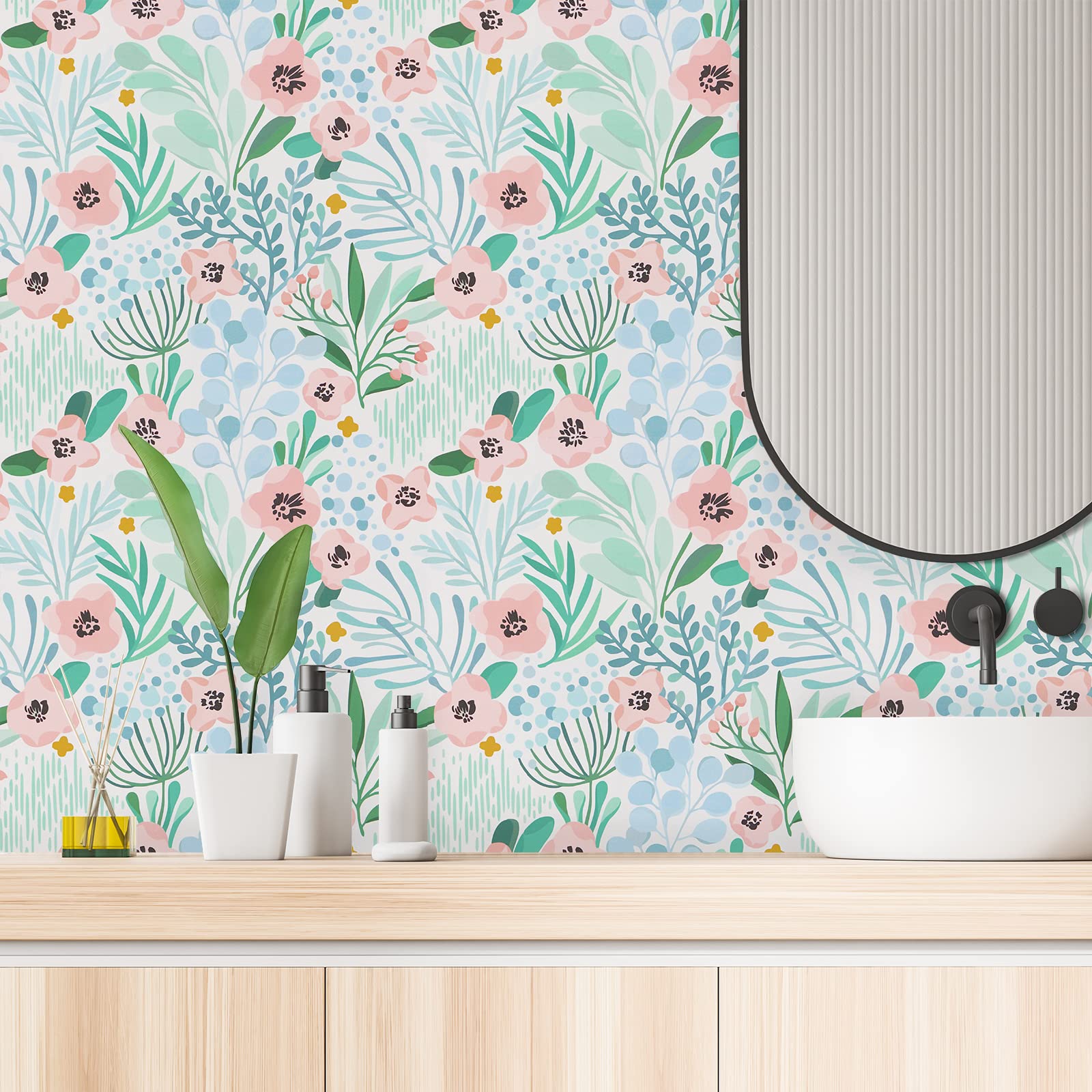 VaryPaper Floral Peel and Stick Wallpaper - Pink, Blue, Green Removable Self-Adhesive Wallpaper - Contact Paper for Bedroom, Nursery, Cabinets & Shelves Decor - 17.7