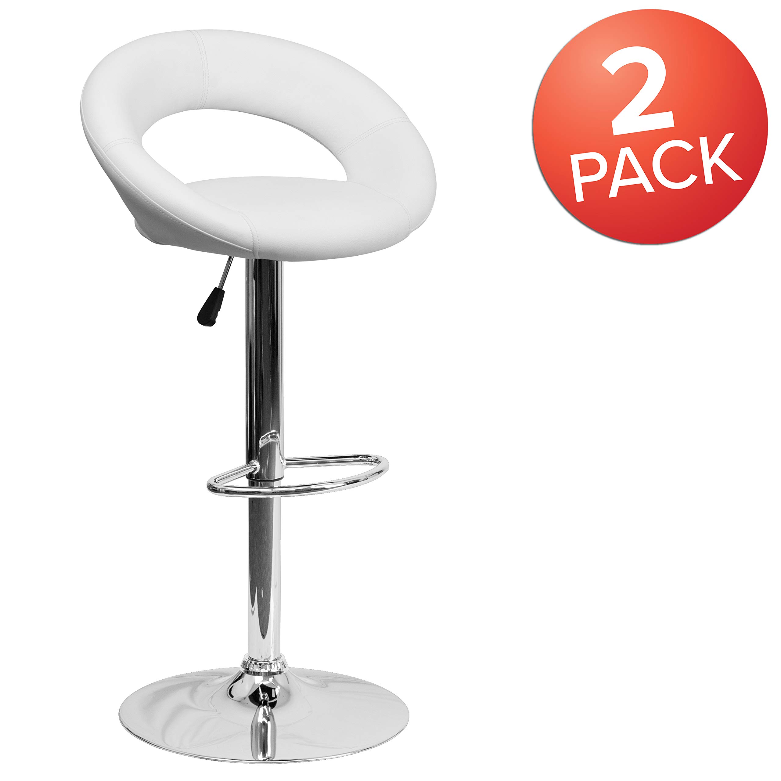 Flash Furniture Anthony 2-Pack White Vinyl Adjustable Height Bar Stools with Chrome Base - Modern Orbit-Style Back Design for Kitchen Island, Breakfast Bar & Home Decor