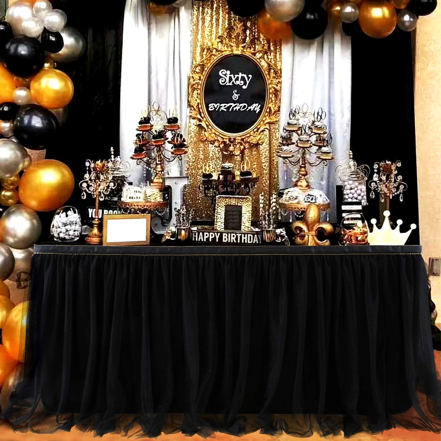 Suppromo 9ft Black Table Skirt - Premium Tutu Tablecloth for Rectangle & Round Tables - Elegant Party Decor for Birthday, Wedding, Baby Shower, Graduation & Halloween Celebrations - Perfect for Banquet Halls, Event Centers & Home Decor