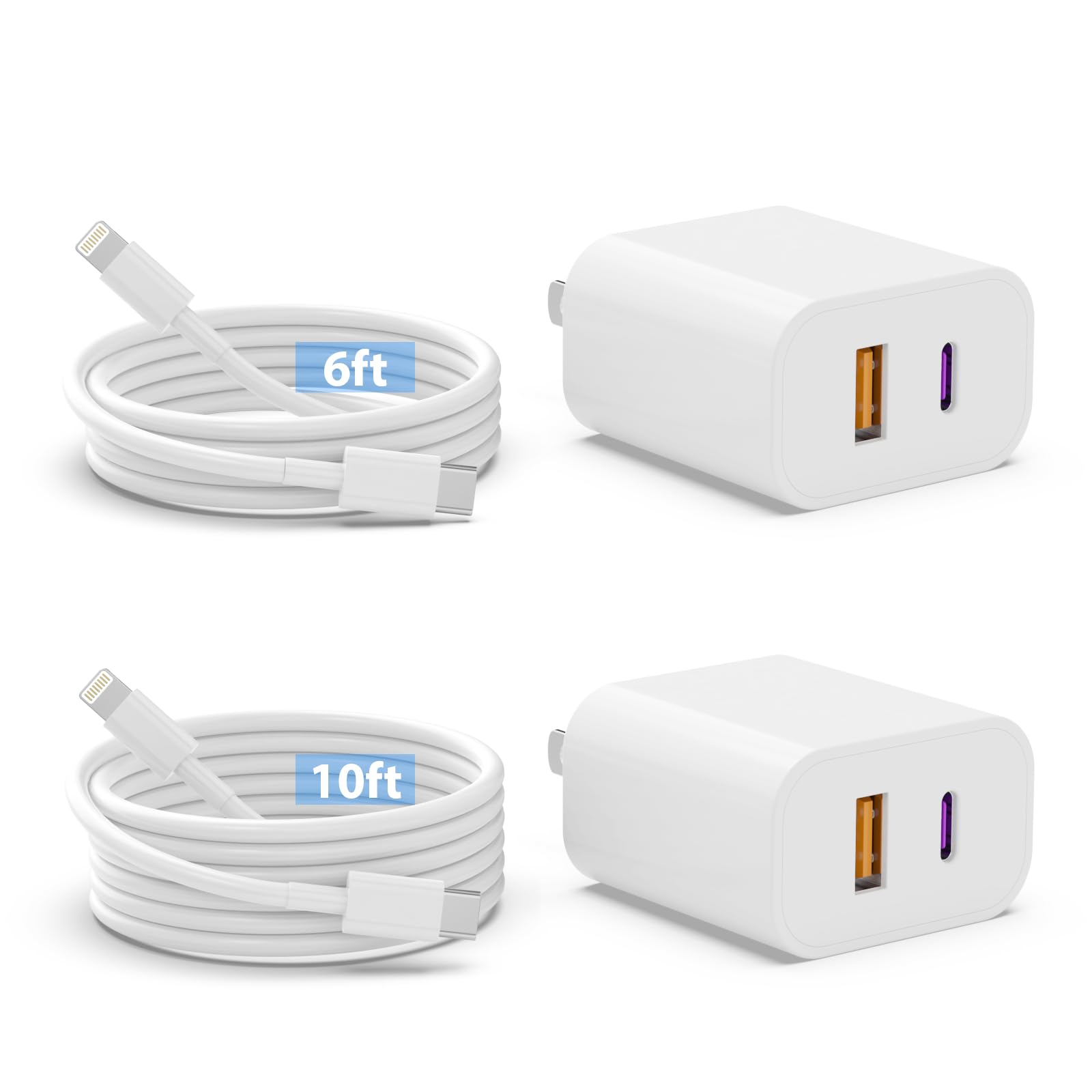 20W Fast Charger for iPhone 14/13/12/11 Pro Max/XS/XR & iPad - 2-Pack USB C Wall Charger with 6FT & 10FT Cables - Quick Charge Technology for Home, Office & Travel
