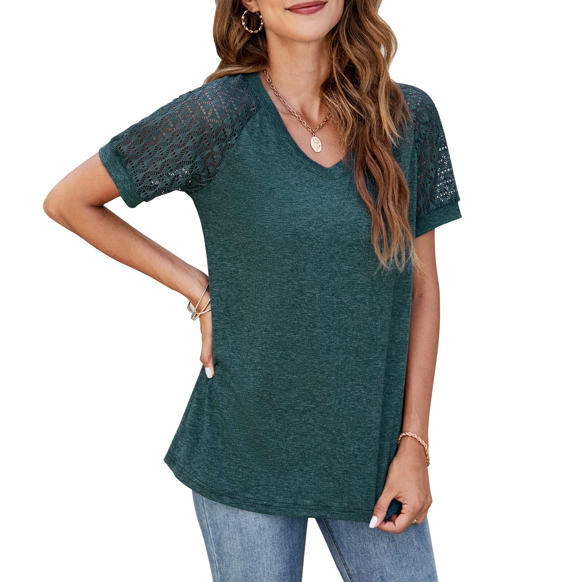 Ferriweel Women's Lace Short Sleeve V-Neck T-Shirt - Summer Casual Blouse Tunics Tops for Women - Perfect for Office, Date Night & Weekend Outfits