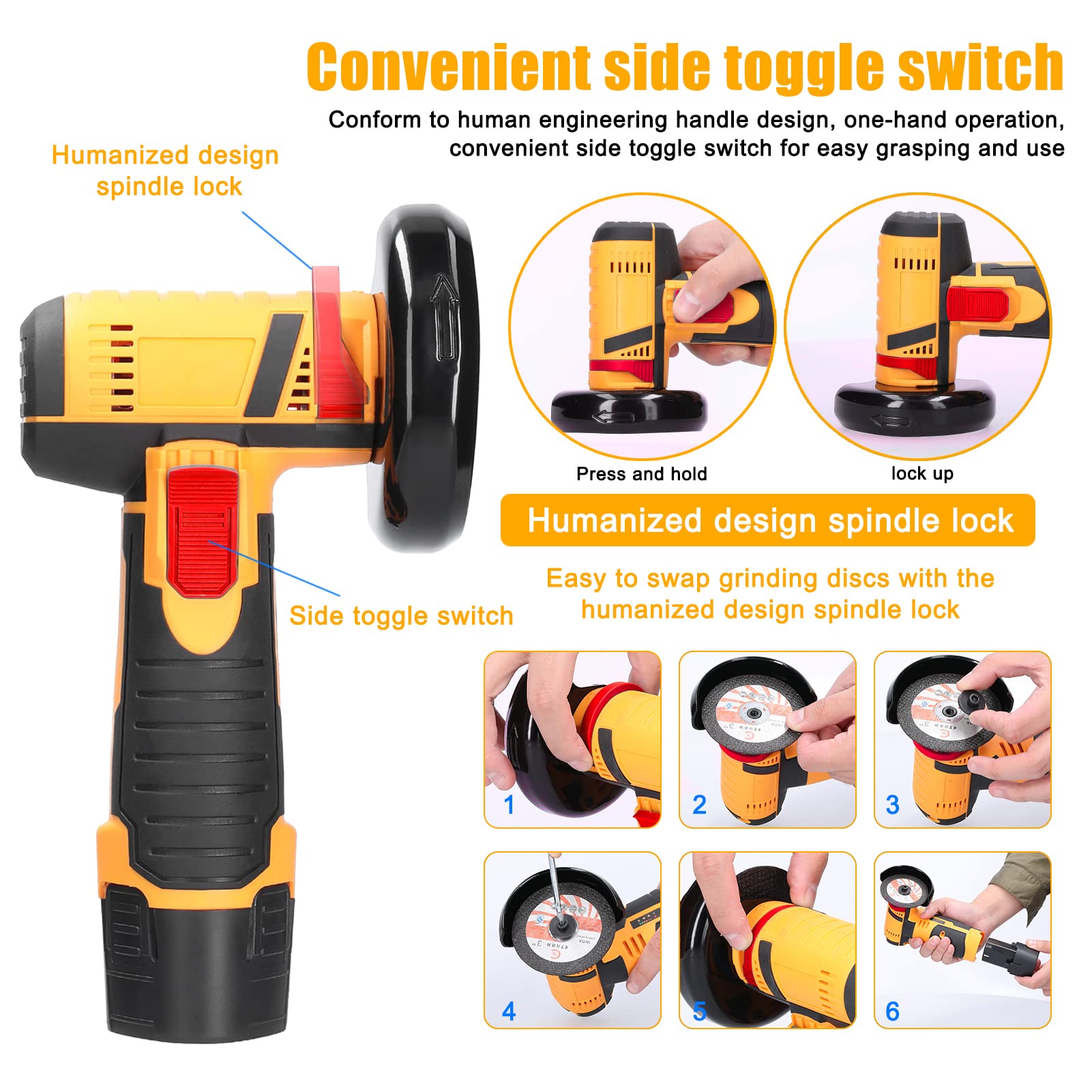 **Geevorks 19500RPM Electric Angle Grinder - Mini Handheld Cutting & Polishing Tool for Tile, Wood, Stone, Steel - Includes 2 Cutting Discs & 2PCS 1200mAh Batteries (Yellow) - Perfect for DIY, Construction, and Metalworking Projects**