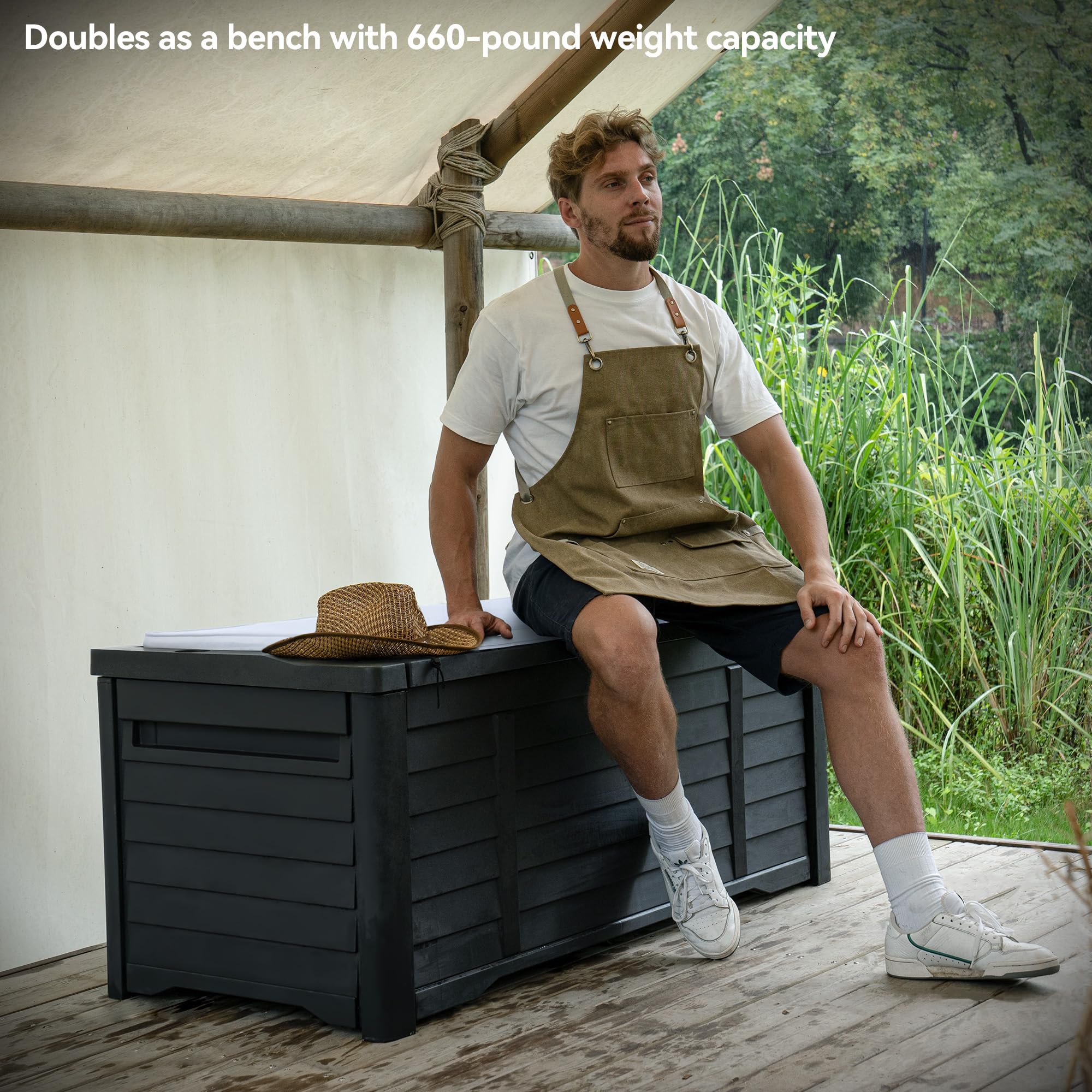 DWVO 120 Gallon Outdoor Storage Deck Box - Waterproof, Lockable Resin Storage Bench for Patio, Garden & Backyard - Durable Black Deck Box for Cushions, Toys & Pool Accessories