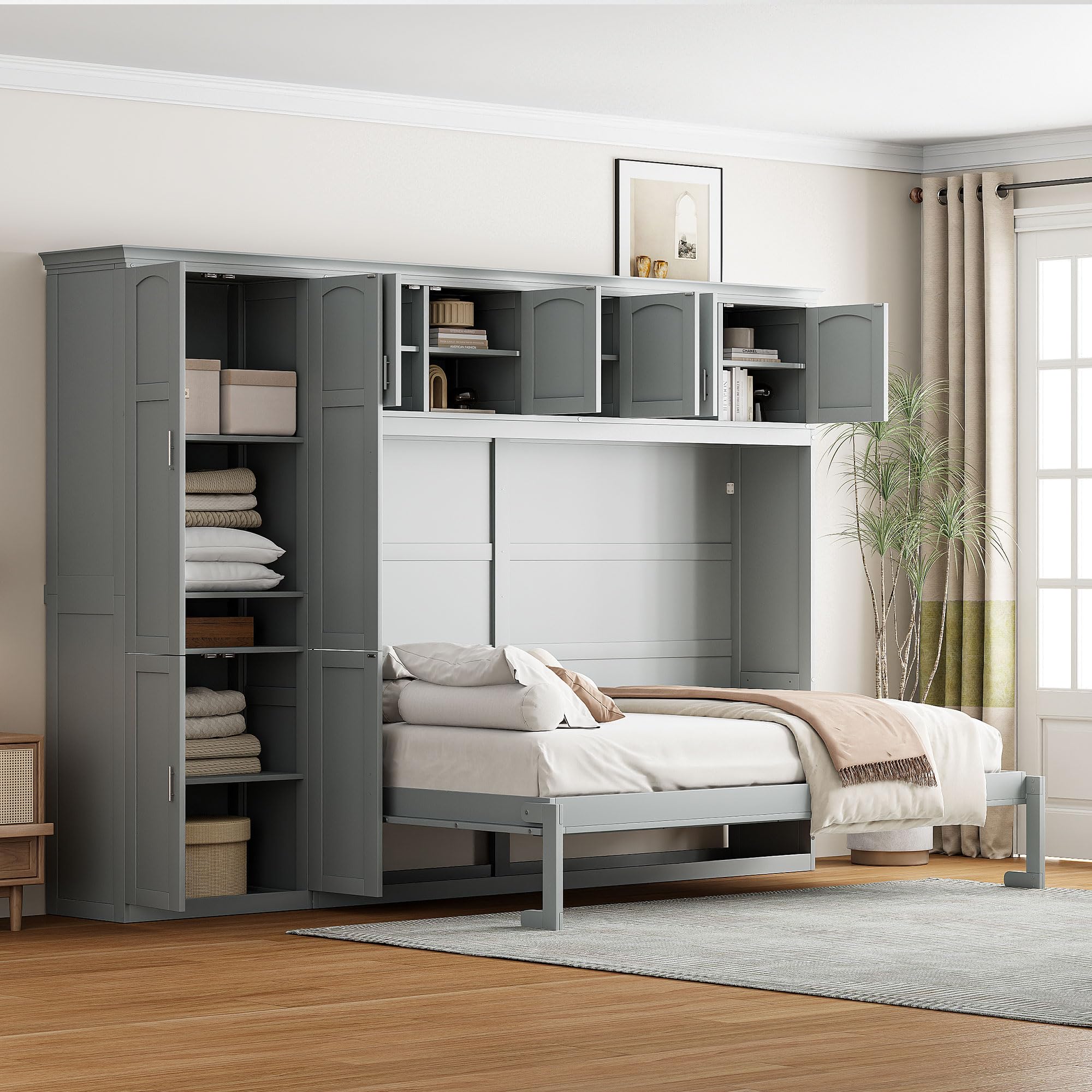 Merax Queen Size Murphy Bed with Storage Cabinets - Space Saving Wall Bed in Gray Wood Finish | Perfect for Small Apartments, Guest Rooms & Home Offices