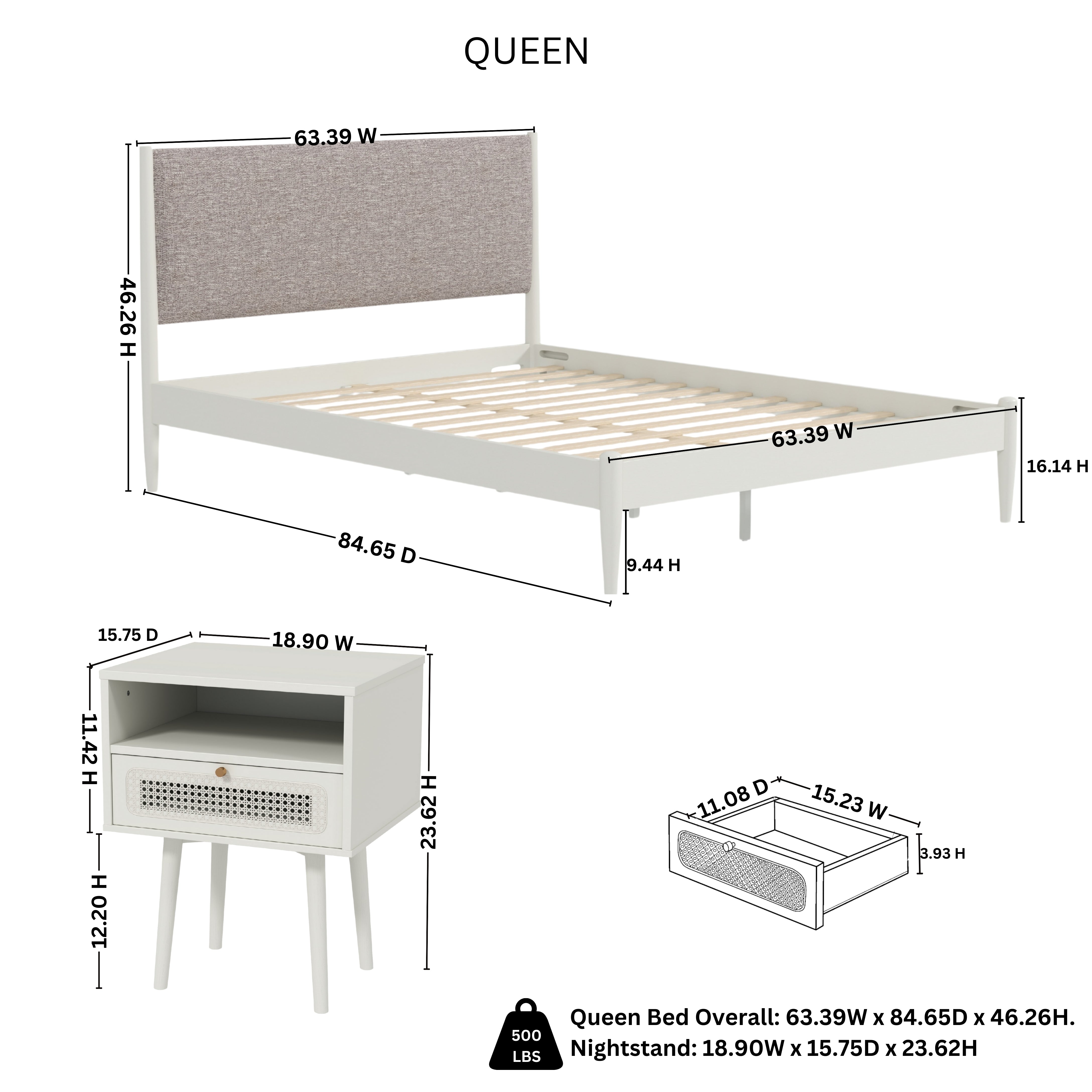 Roundhill Furniture Feeney 2-Piece Queen Bedroom Set - Cream White Platform Bed with Nightstand | Modern Minimalist Bedroom Decor for Small Spaces & Guest Rooms
