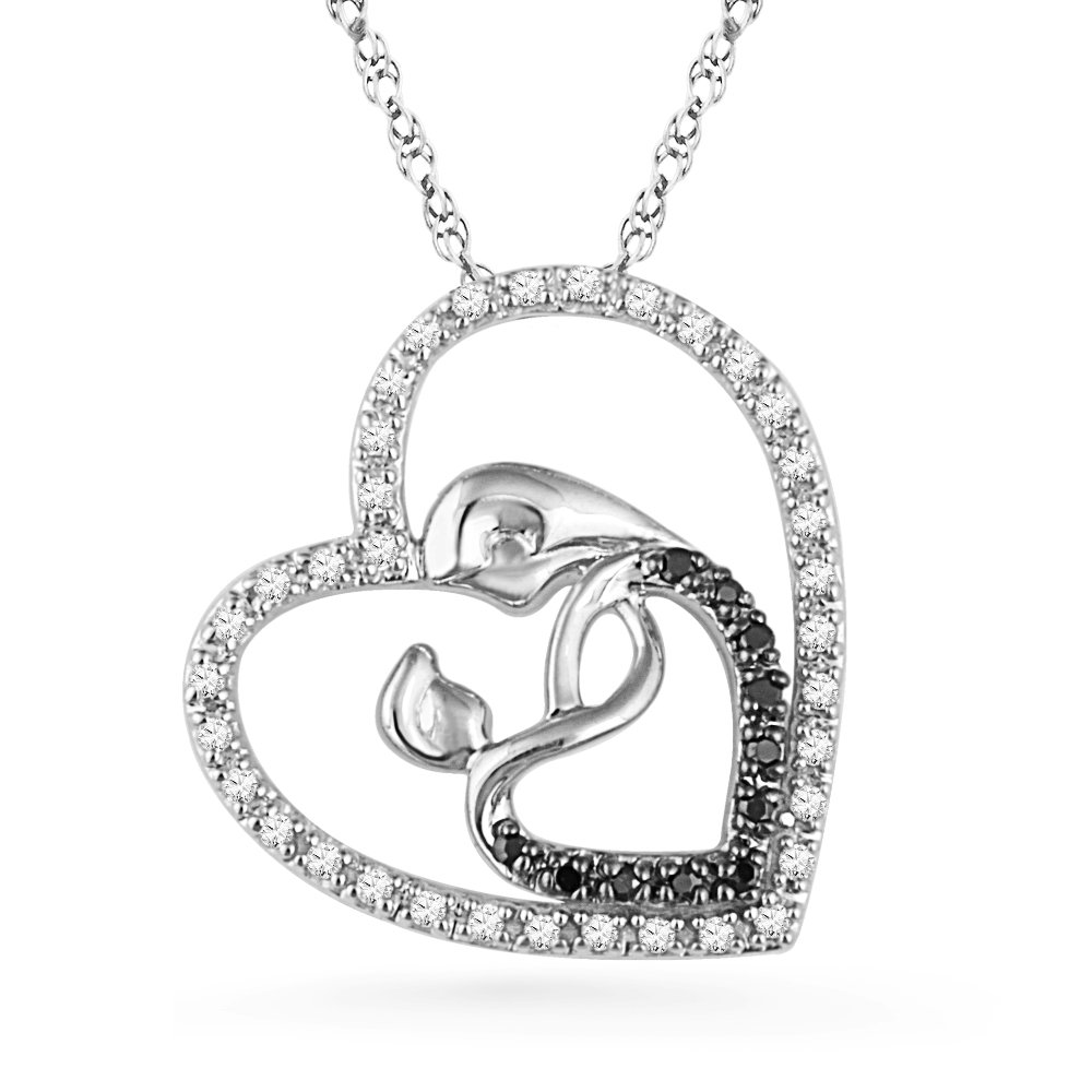 DGOLD Sterling Silver Black & White Round Diamond Mother & Child Heart Pendant Necklace (1/5 Cttw) - Perfect Gift for Mother's Day, Birthday & Anniversary Jewelry