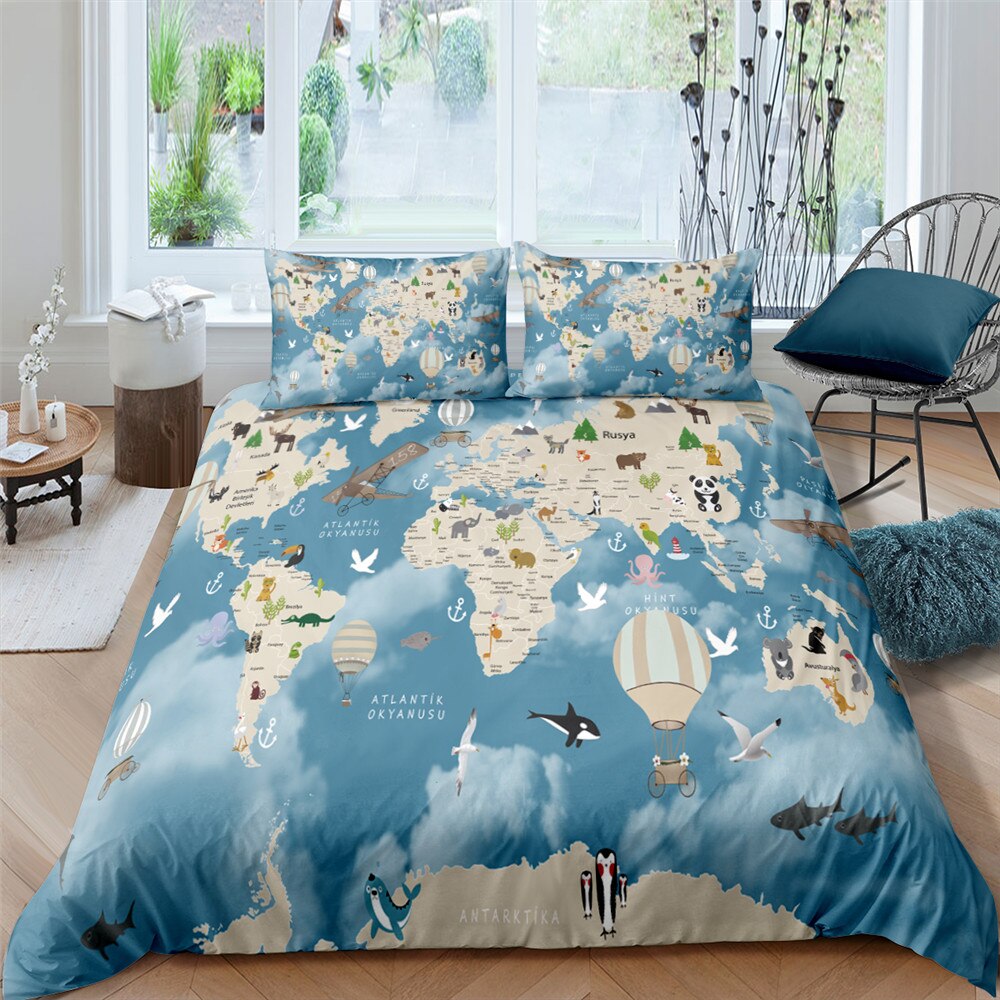 World Map Bedding Set - Full/Queen/King Size Comfortable Duvet Cover & Pillowcases - Perfect for Travel Lovers & Adventure Themed Bedrooms