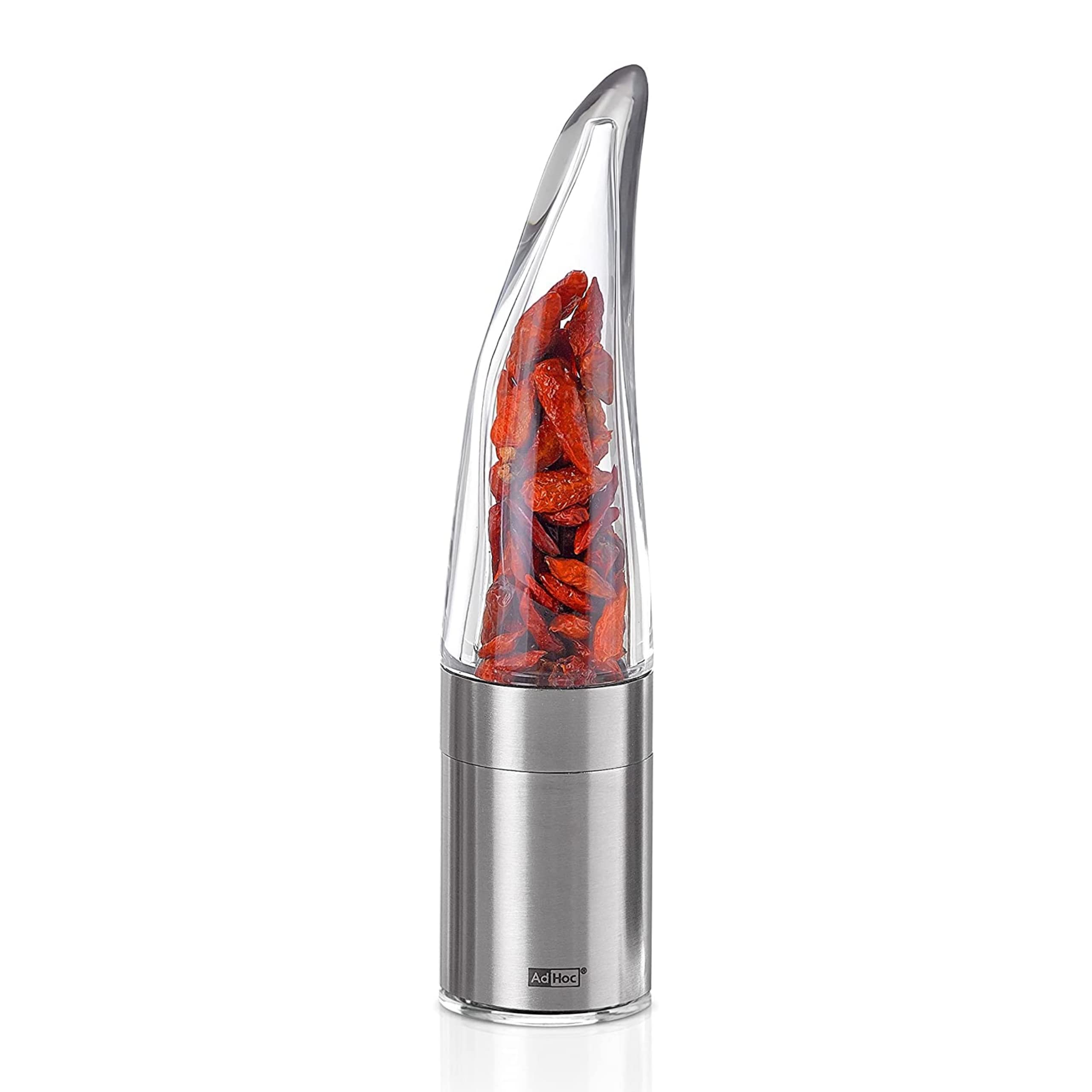 AdHoc Pepe Chili Cutter and Spice Grinder - Stainless Steel & Acrylic Manual Mill for Dried Chili, Herbs & Spices - Easy Clean with Stainless Steel Blades - Perfect for Cooking, Baking & Seasoning Dishes