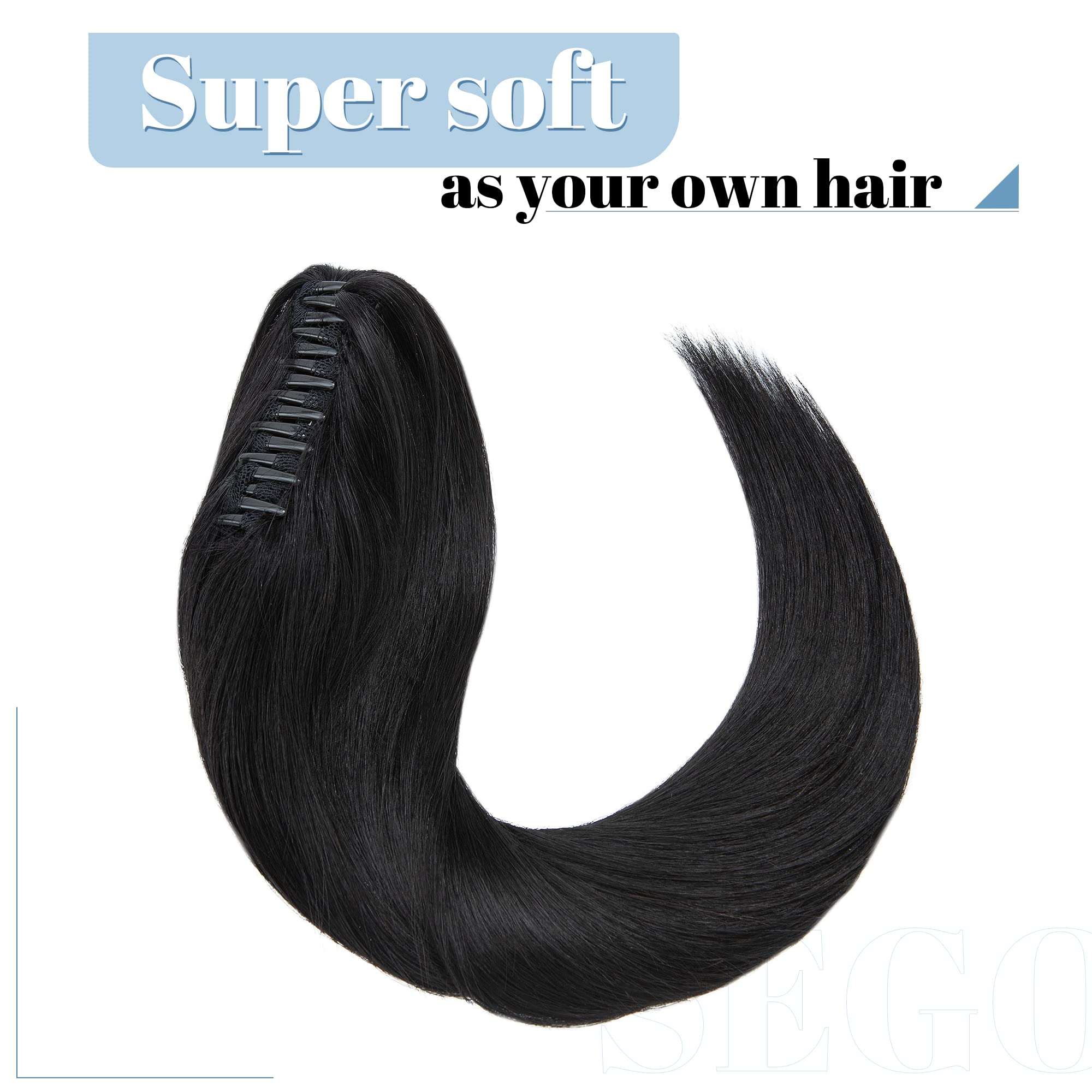 SEGO 20 Inch Jet Black Human Hair Clip-in Ponytail Extension - 120g Long Straight Real Human Hair Ponytail for Women | Perfect for Parties, Weddings & Everyday Styling