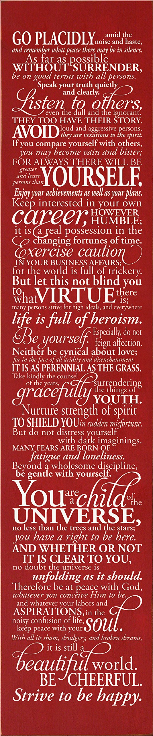 The Desiderata Wooden Sign - Inspirational Quote Wall Decor for Home, Office & Meditation Space - 'Go Placidly Amid the Noise' Rustic Red Wood Plaque